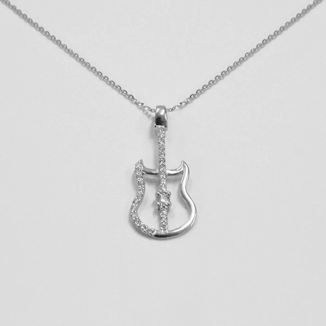 Modern 18k Gold Diamond Guitar Charm Necklace Guitarist Jewelry Music Lover Gift For Sale