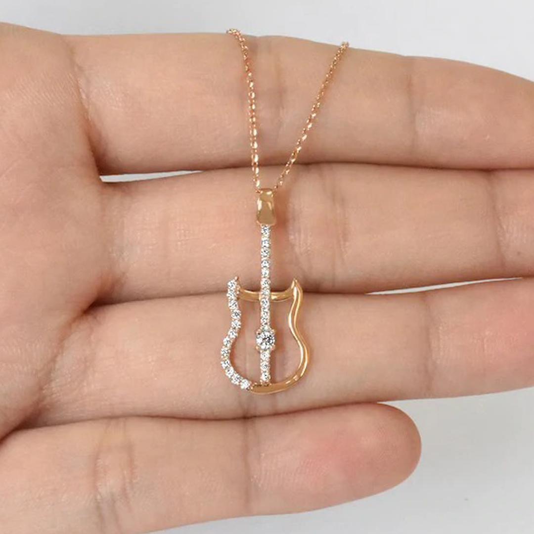 Women's or Men's 18k Gold Diamond Guitar Charm Necklace Guitarist Jewelry Music Lover Gift For Sale
