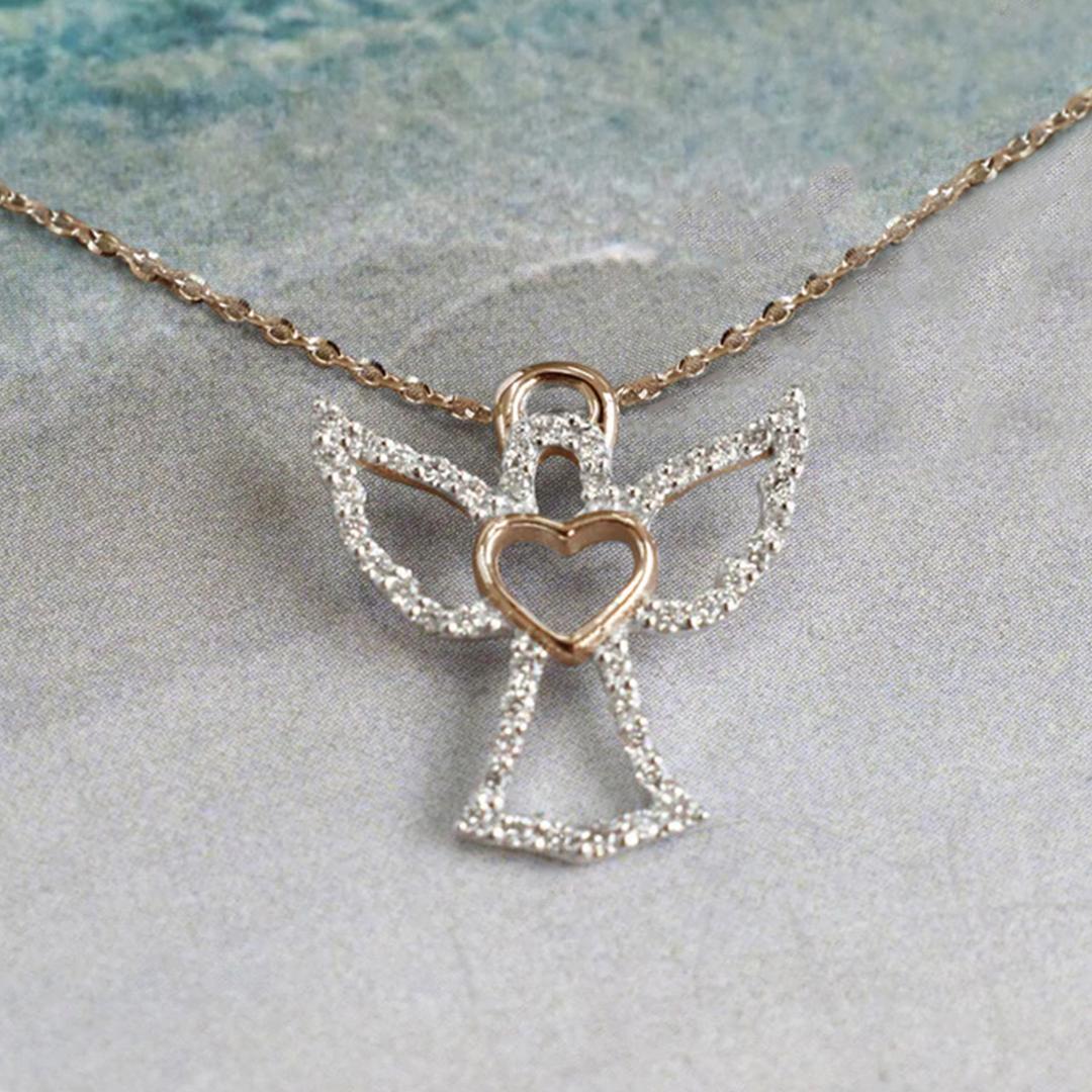 Modern 18k Gold Diamond Heart Angel Charm Pendent Necklace For Sale