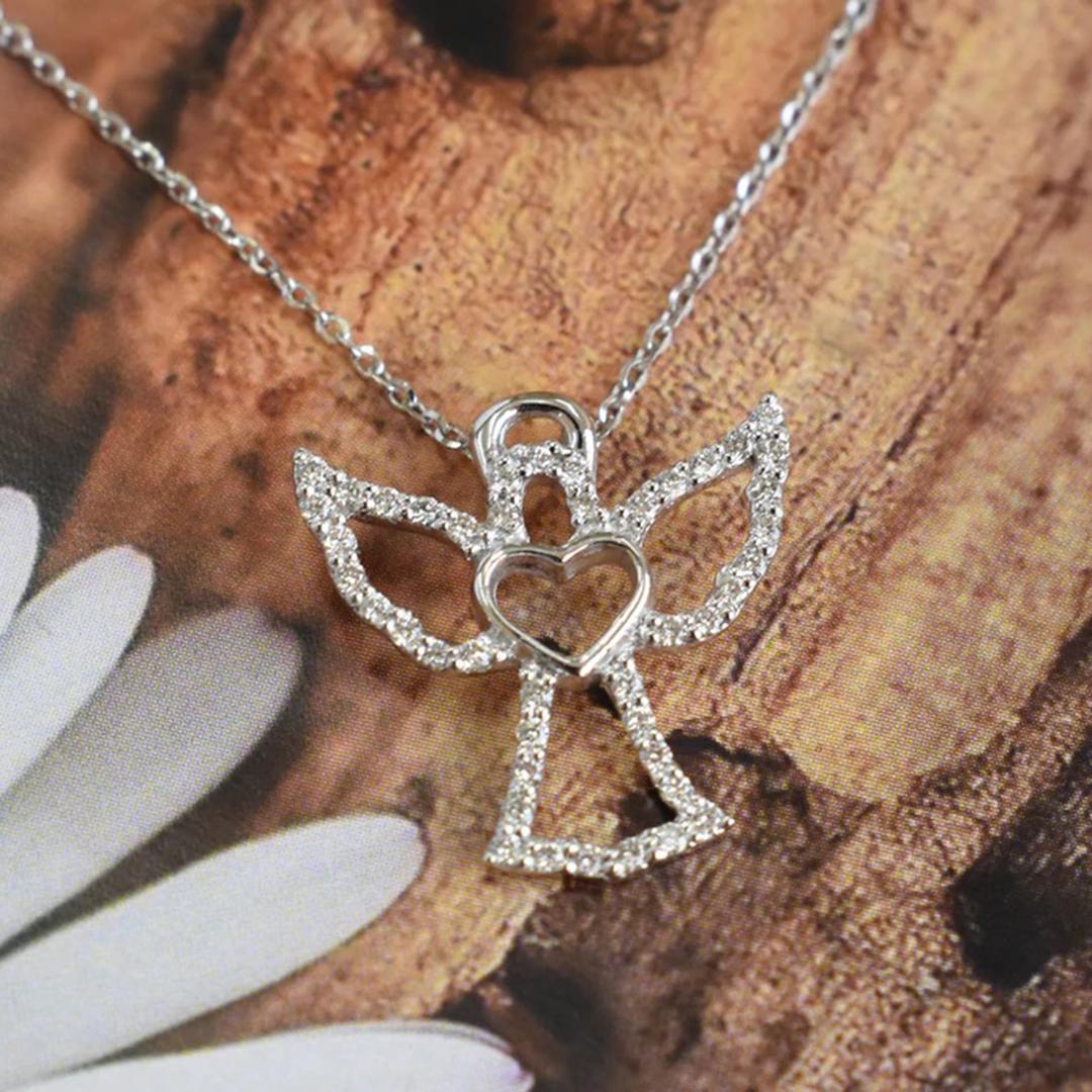 Women's or Men's 18k Gold Diamond Heart Angel Charm Pendent Necklace For Sale