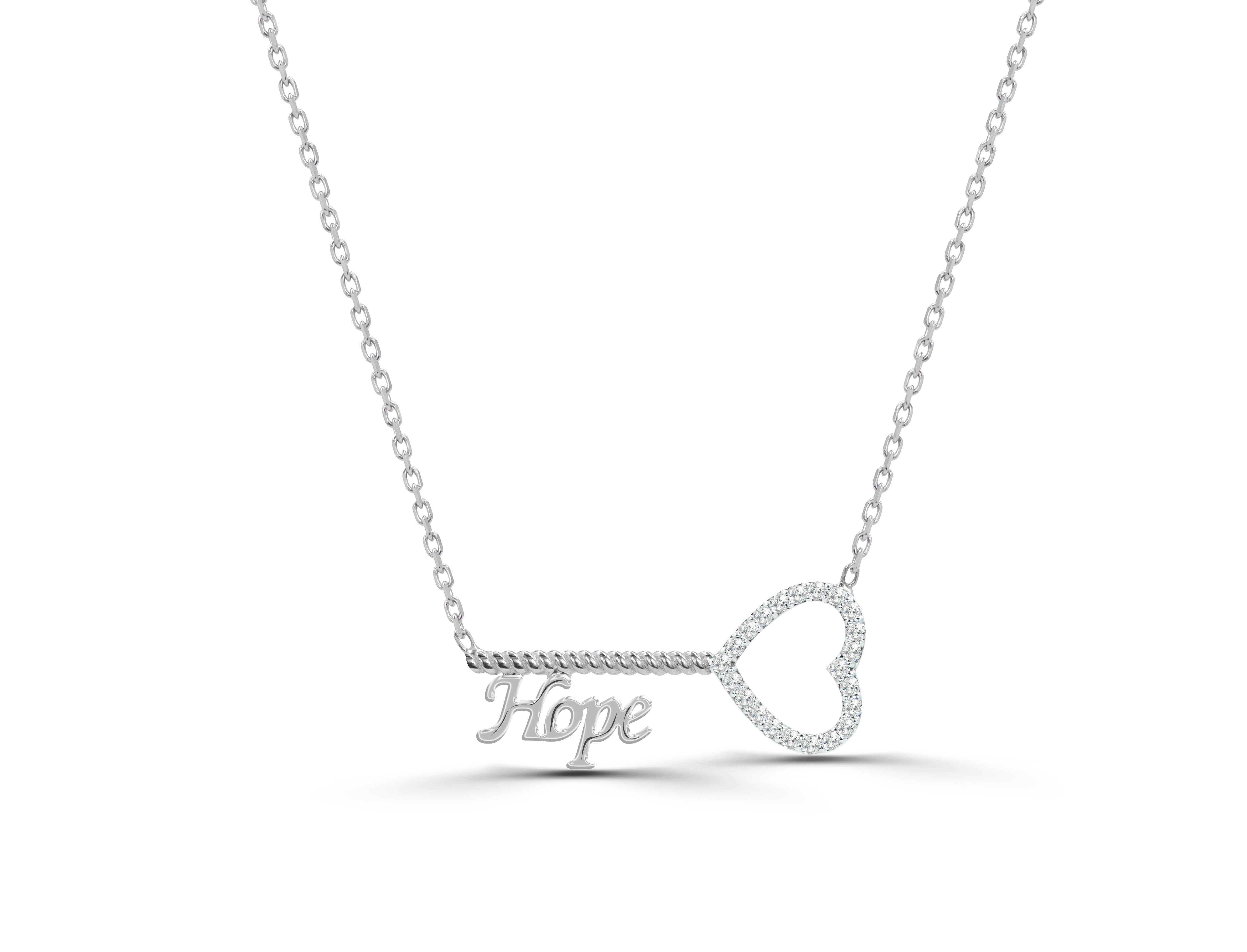 Round Cut 18k Gold Diamond Hope Key Necklace For Sale