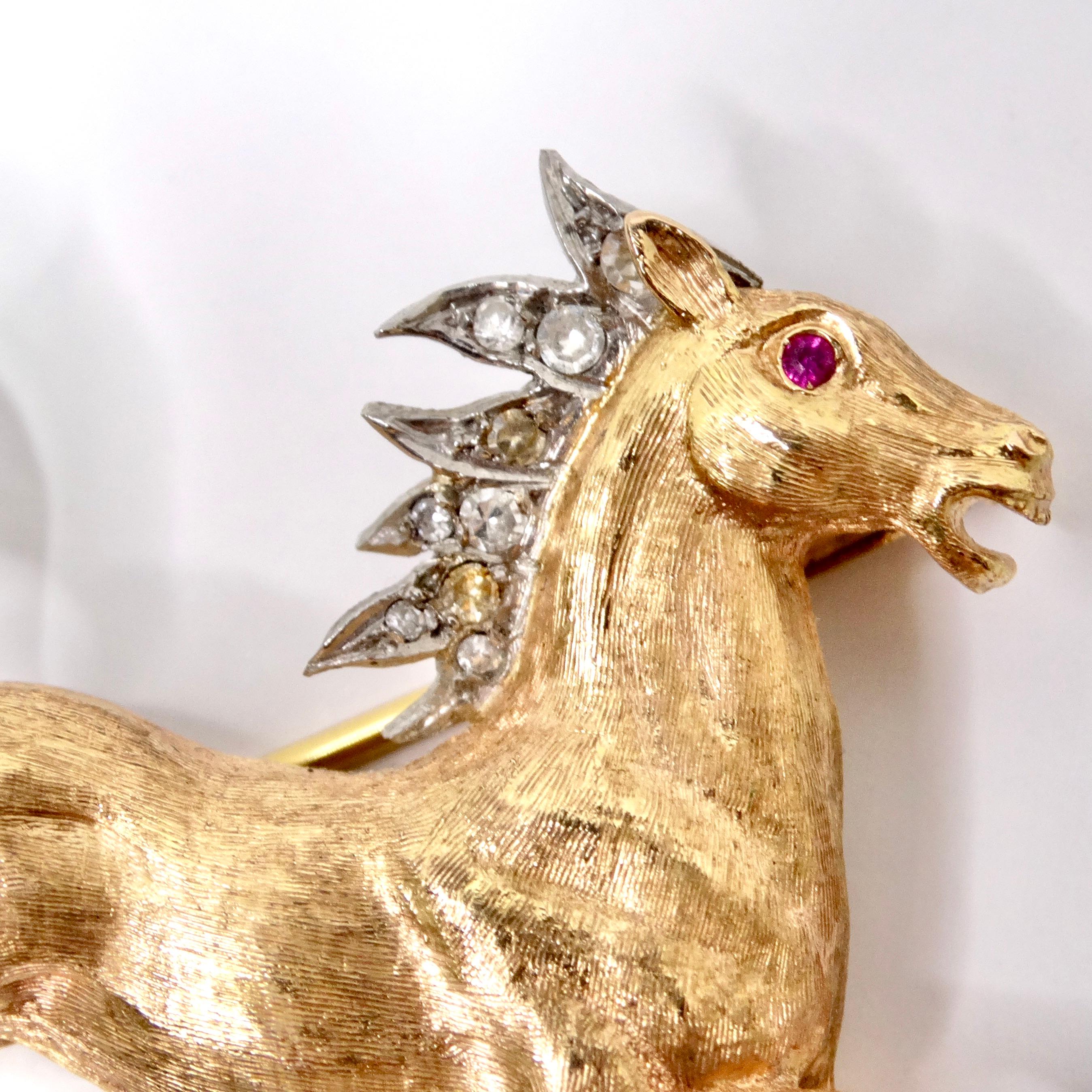 Introducing the exquisite 18K Gold Diamond Horse Pin, a stunning vintage brooch that exudes timeless elegance and luxury. Crafted in the 1940s, this two-tone yellow and white gold running horse brooch is a true masterpiece, adorned with dazzling
