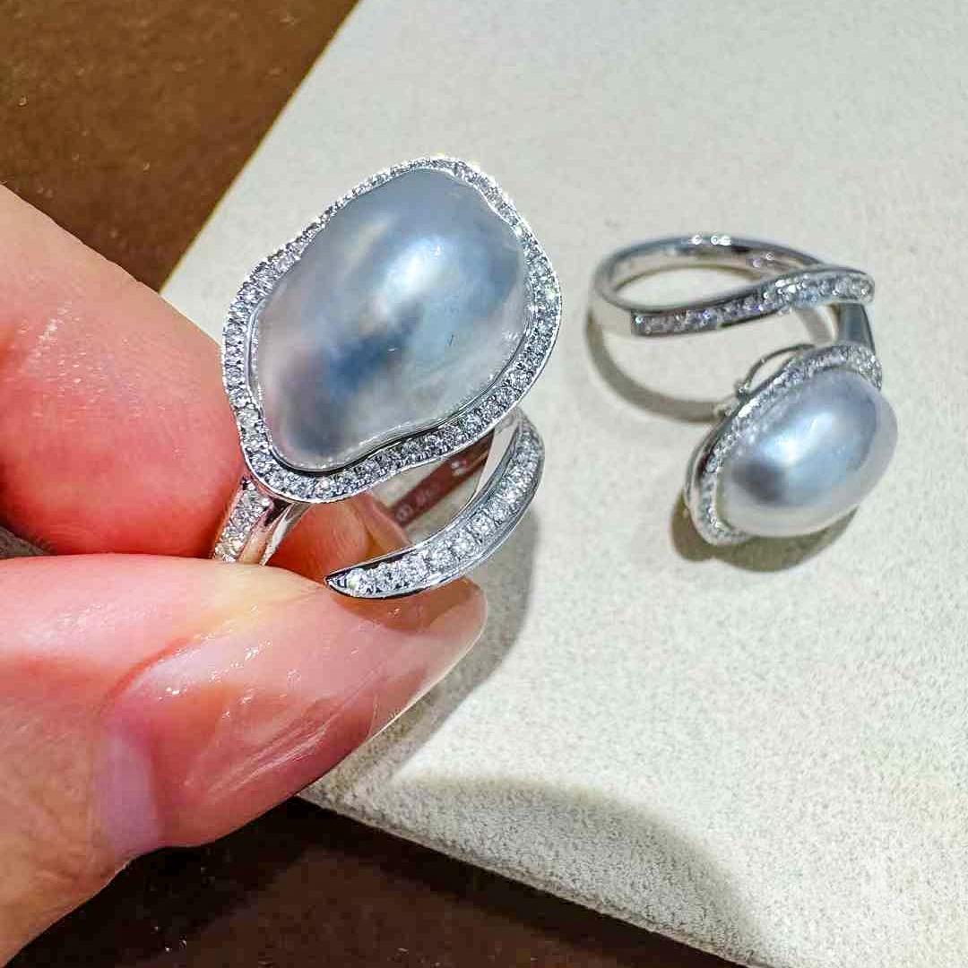 Uncut 18k Gold Diamond KESHI Aurora 10x14.5mm South Sea Pearl Ring