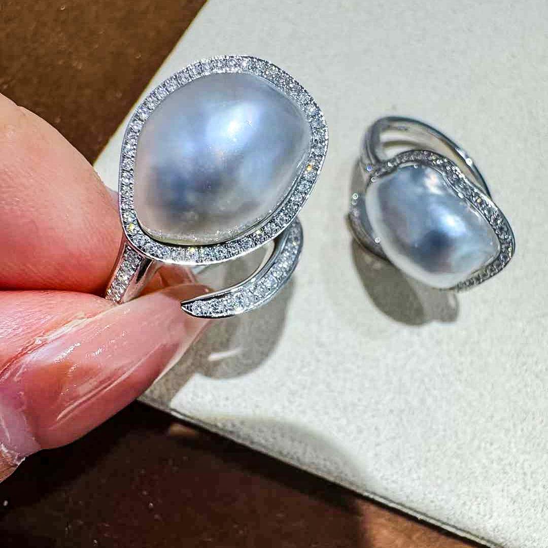 18k Gold Diamond KESHI Aurora 10x14.5mm South Sea Pearl Ring 2