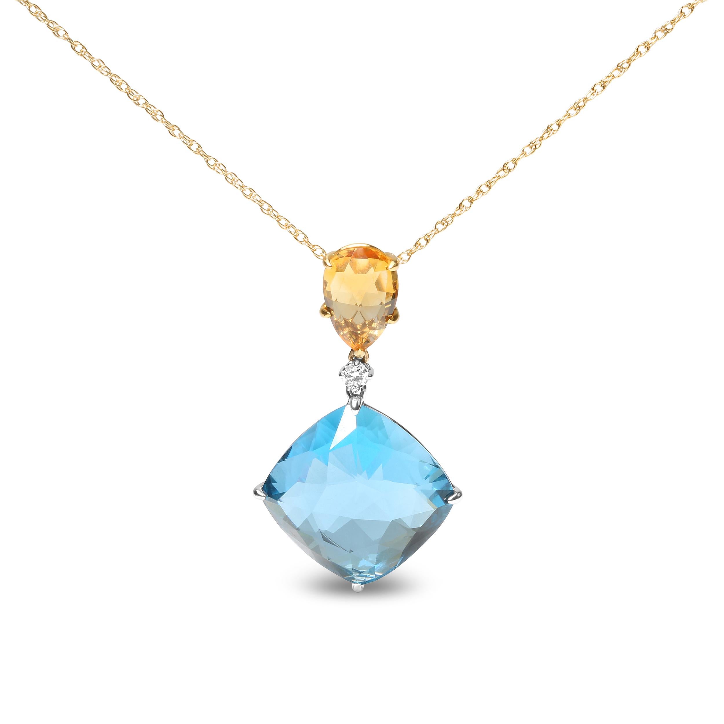 A gorgeous 20mm cushion-cut London blue topaz gemstone glimmers at the center of this elegant pendant necklace in a 4-prong setting. Adding to this rich sparkle is a second natural gemstone, which sits cradled in a 4-prong setting above. This 12x8mm