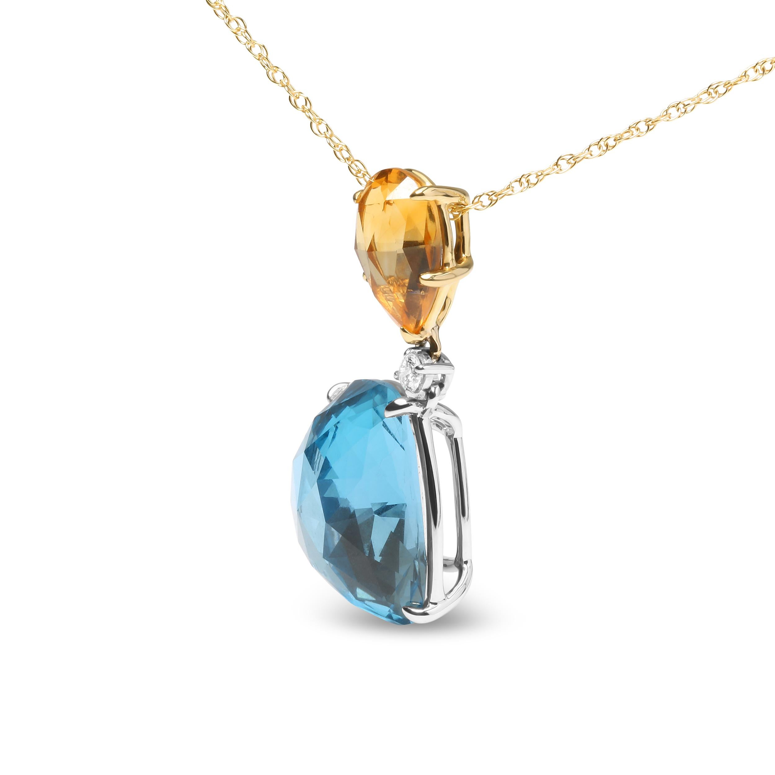 Contemporary 18K White Gold Diamond & Lemon Quartz & Blue Topaz Gemstone Pendant Necklace For Sale
