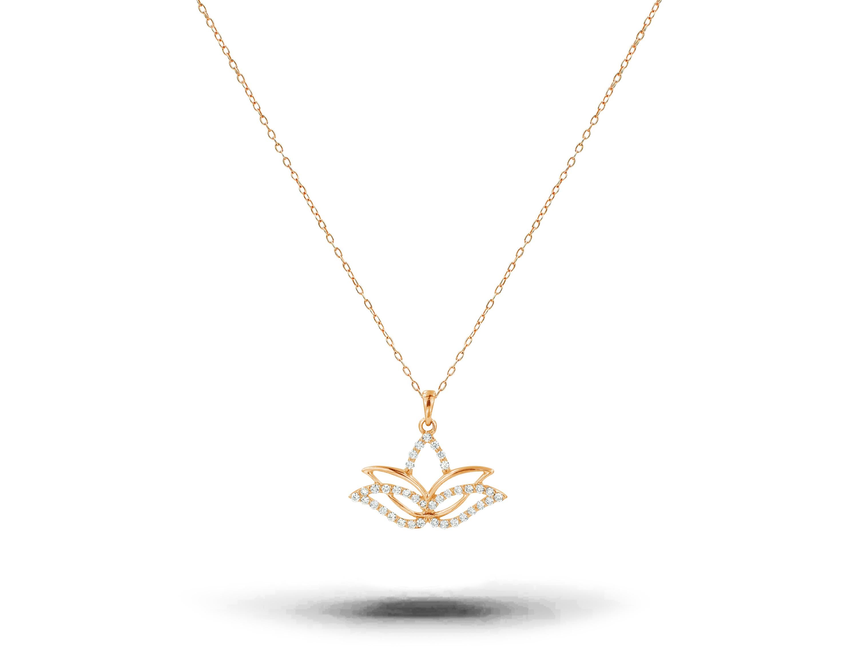 Diamond Lotus Flower Necklace is made of 18k solid gold available in three colors of gold, White Gold / Rose Gold / Yellow Gold.

Lightweight and gorgeous natural genuine diamond. Each diamond is hand selected by me to ensure quality and set by a