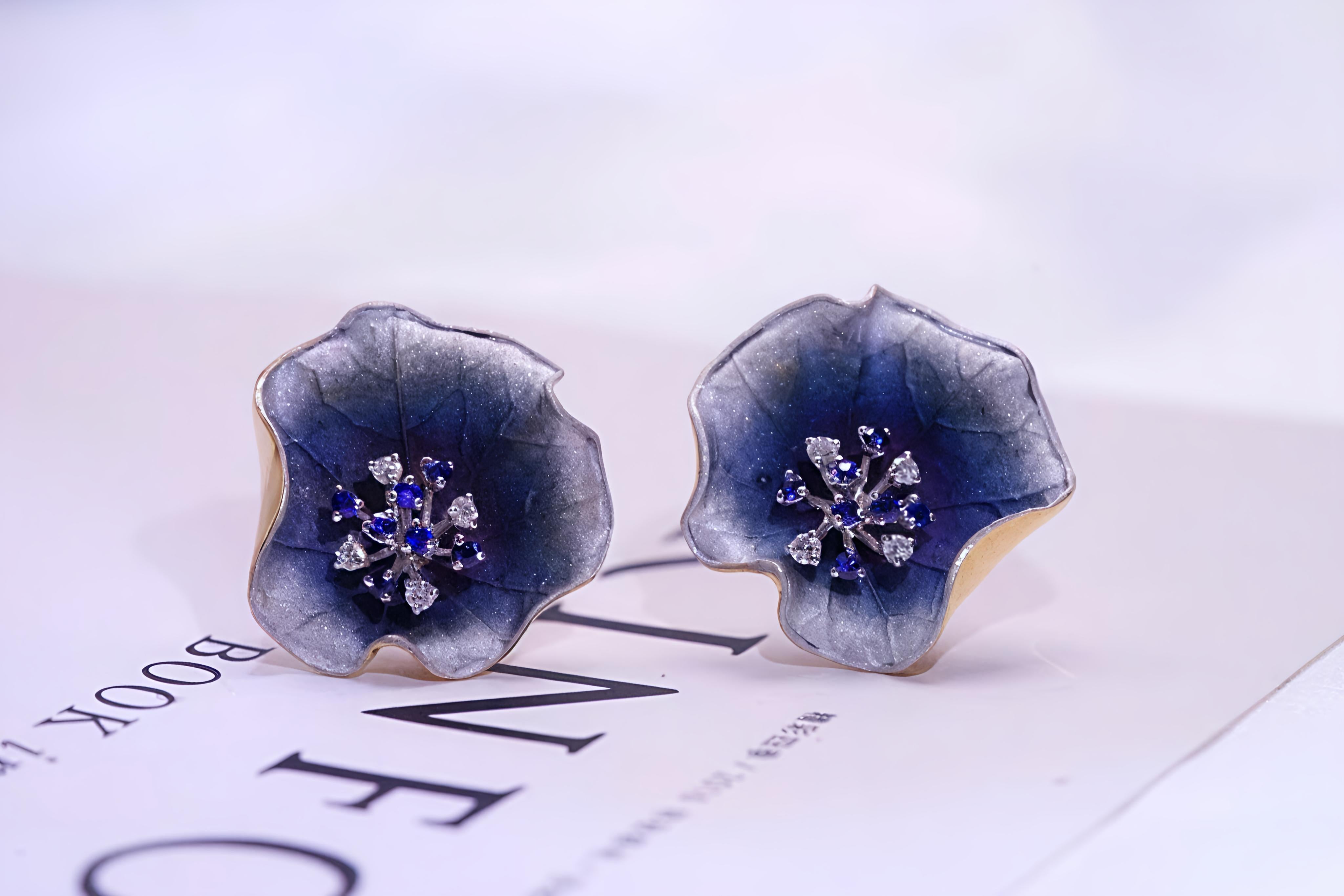 18K Gradient Colored Lotus Designed Blue Sapphire and Diamond Earrings For Sale 4