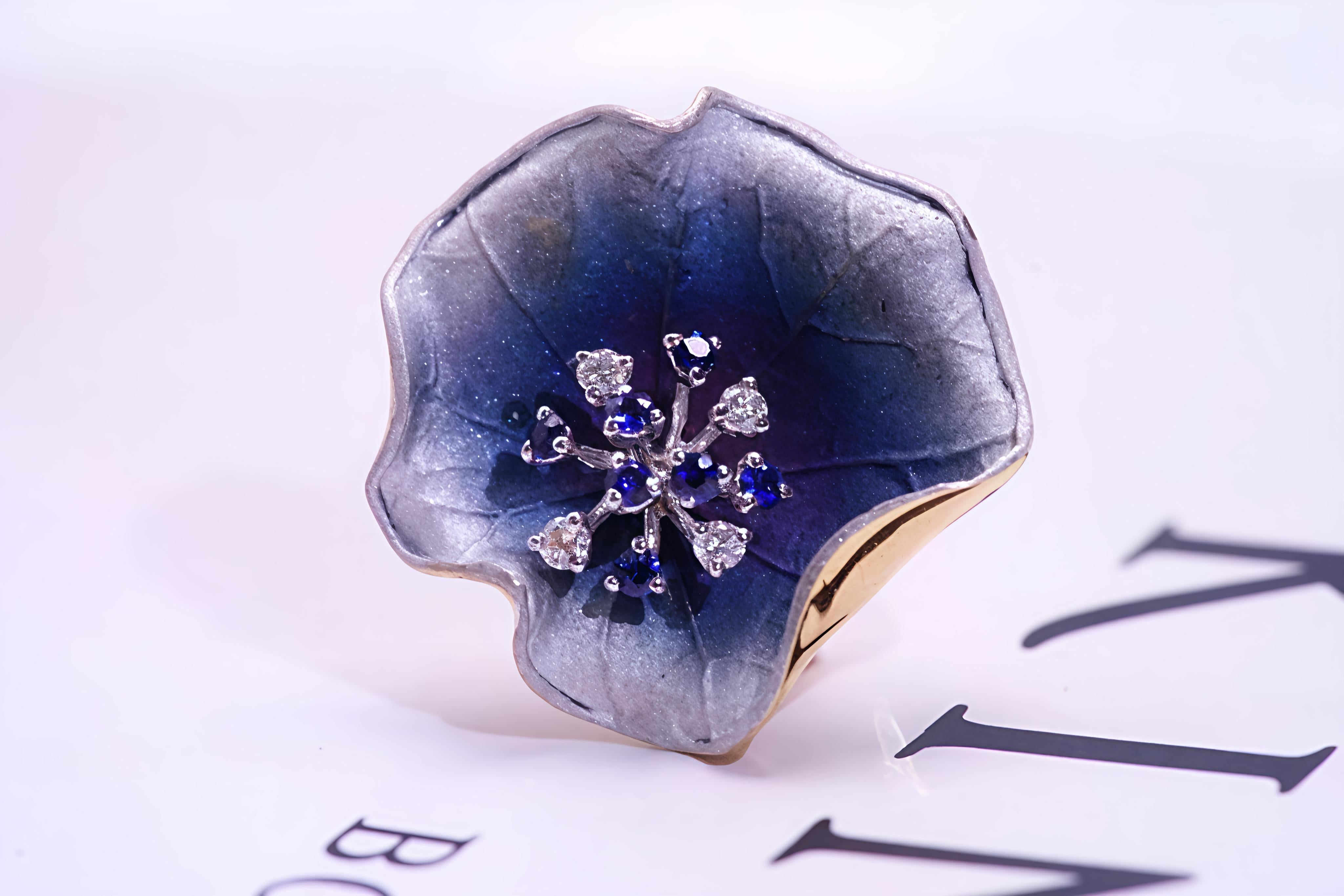 Modern 18K Gradient Colored Lotus Designed Blue Sapphire and Diamond Earrings For Sale