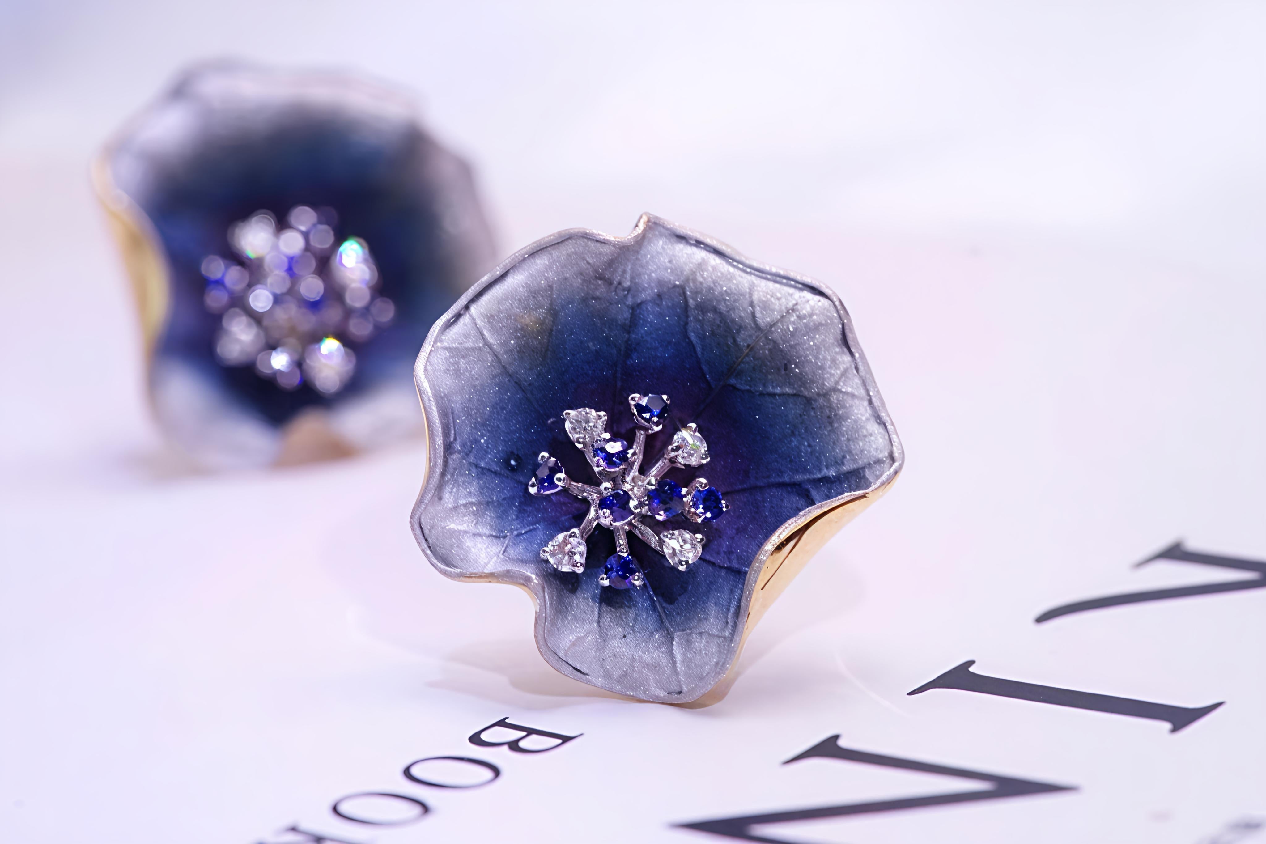 Women's or Men's 18K Gradient Colored Lotus Designed Blue Sapphire and Diamond Earrings For Sale