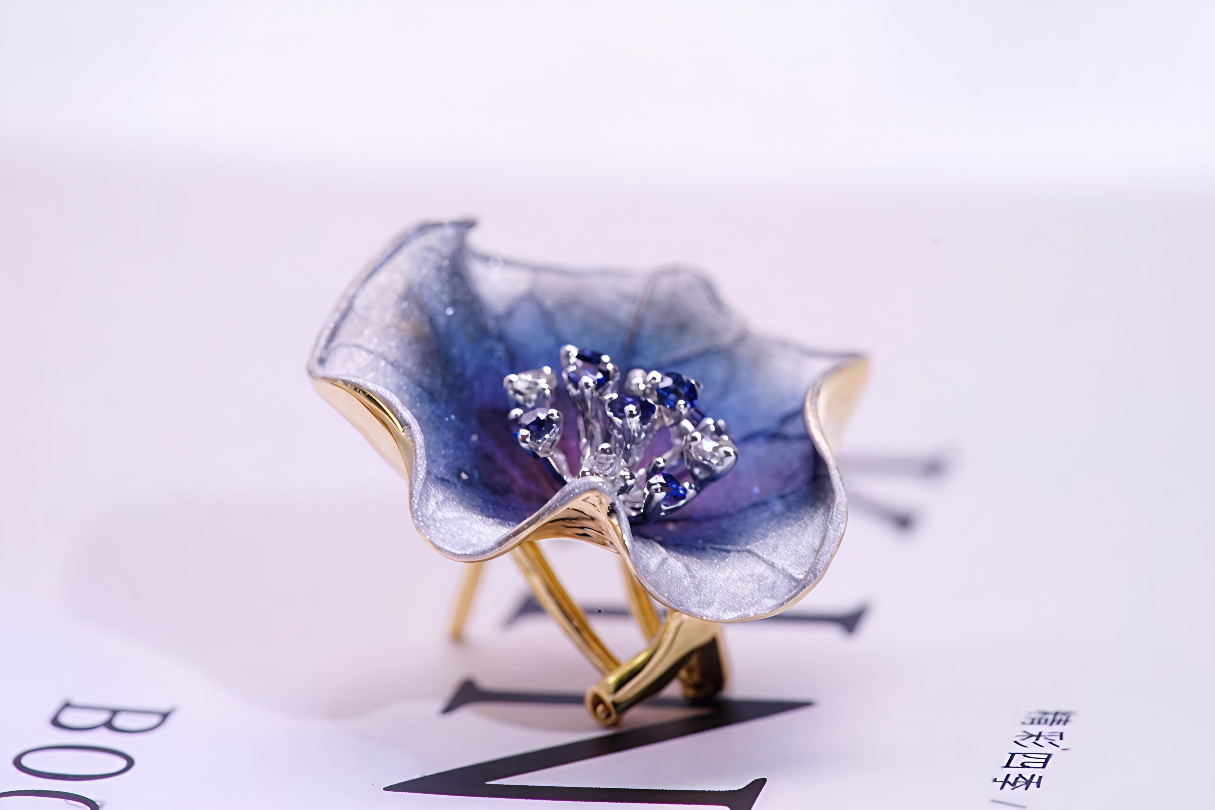 18K Gradient Colored Lotus Designed Blue Sapphire and Diamond Earrings For Sale 1