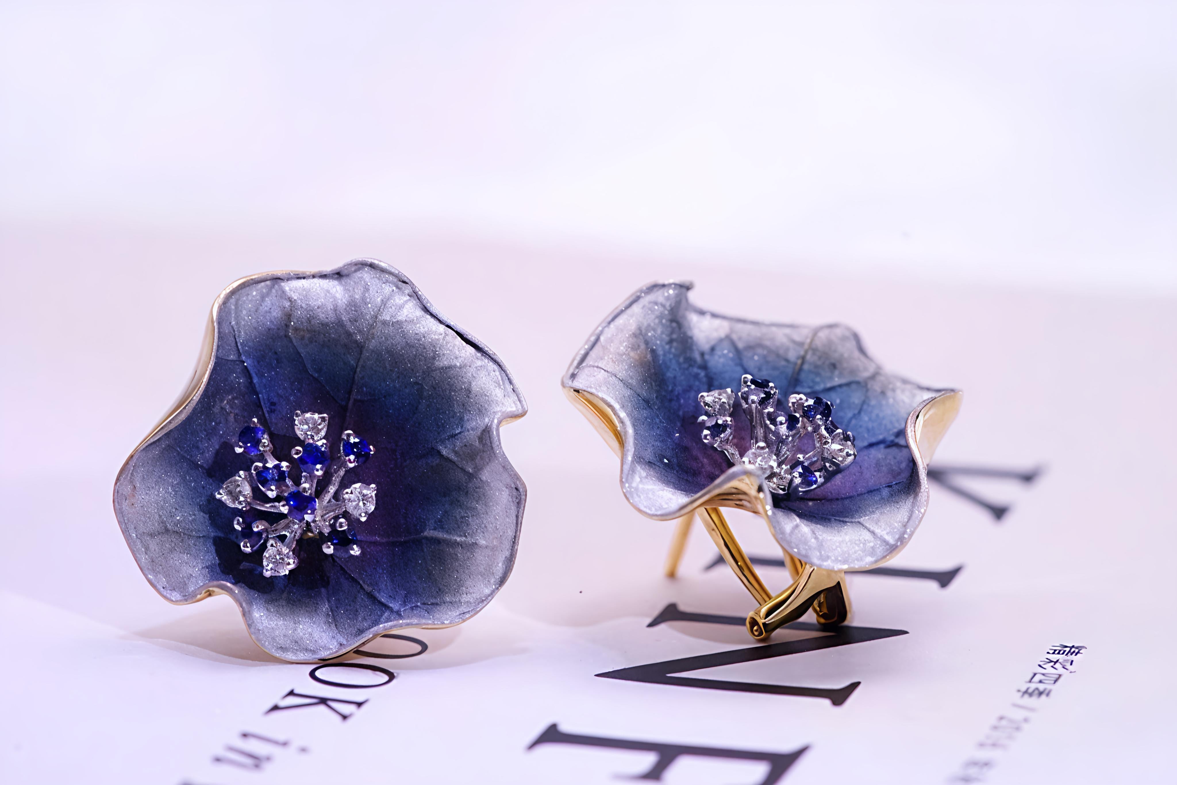 18K Gradient Colored Lotus Designed Blue Sapphire and Diamond Earrings For Sale 3