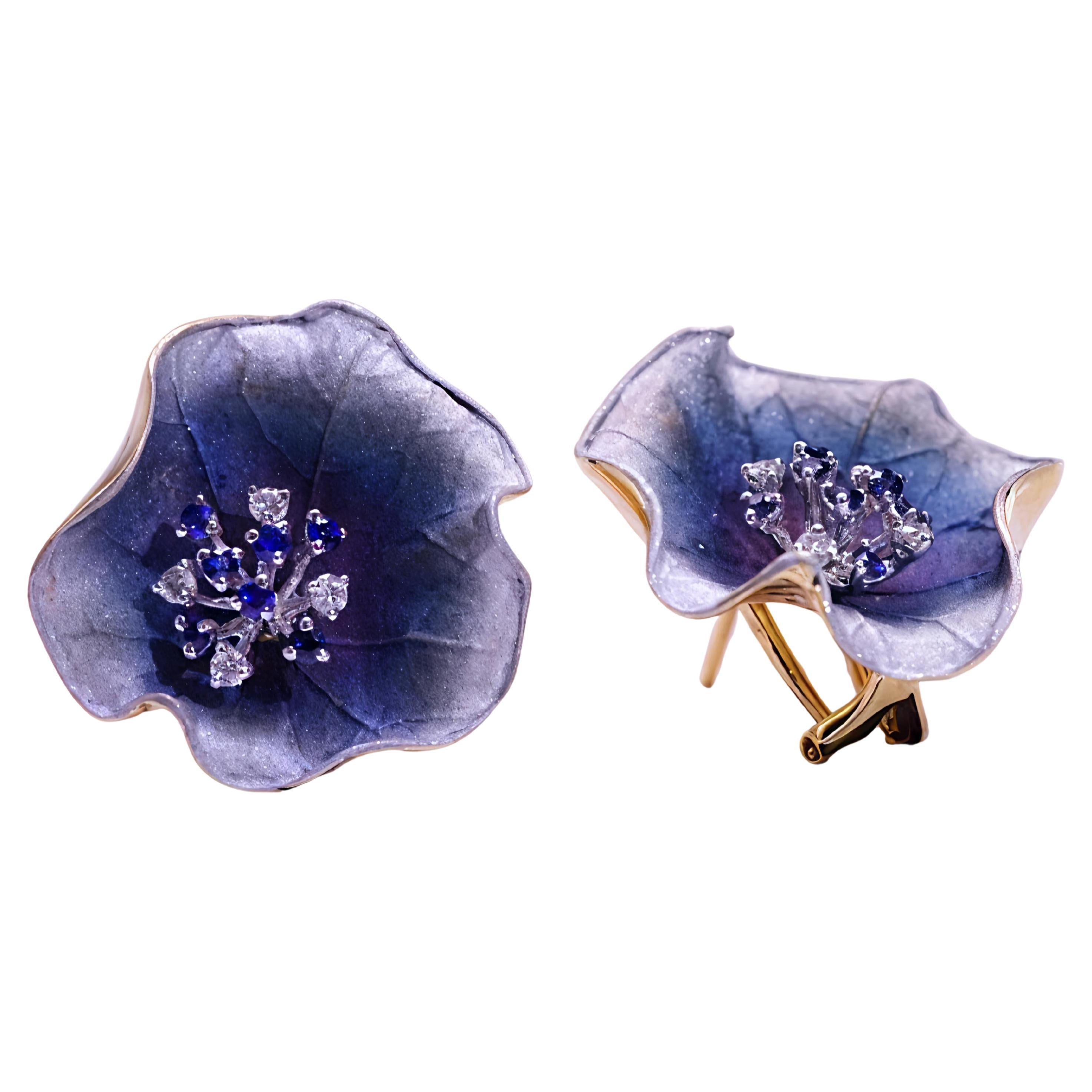 18K Gradient Colored Lotus Designed Blue Sapphire and Diamond Earrings For Sale