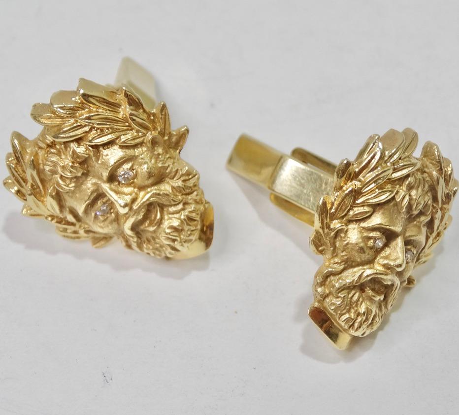Round Cut 18K Gold Diamond Moses Motif Cufflinks For Sale