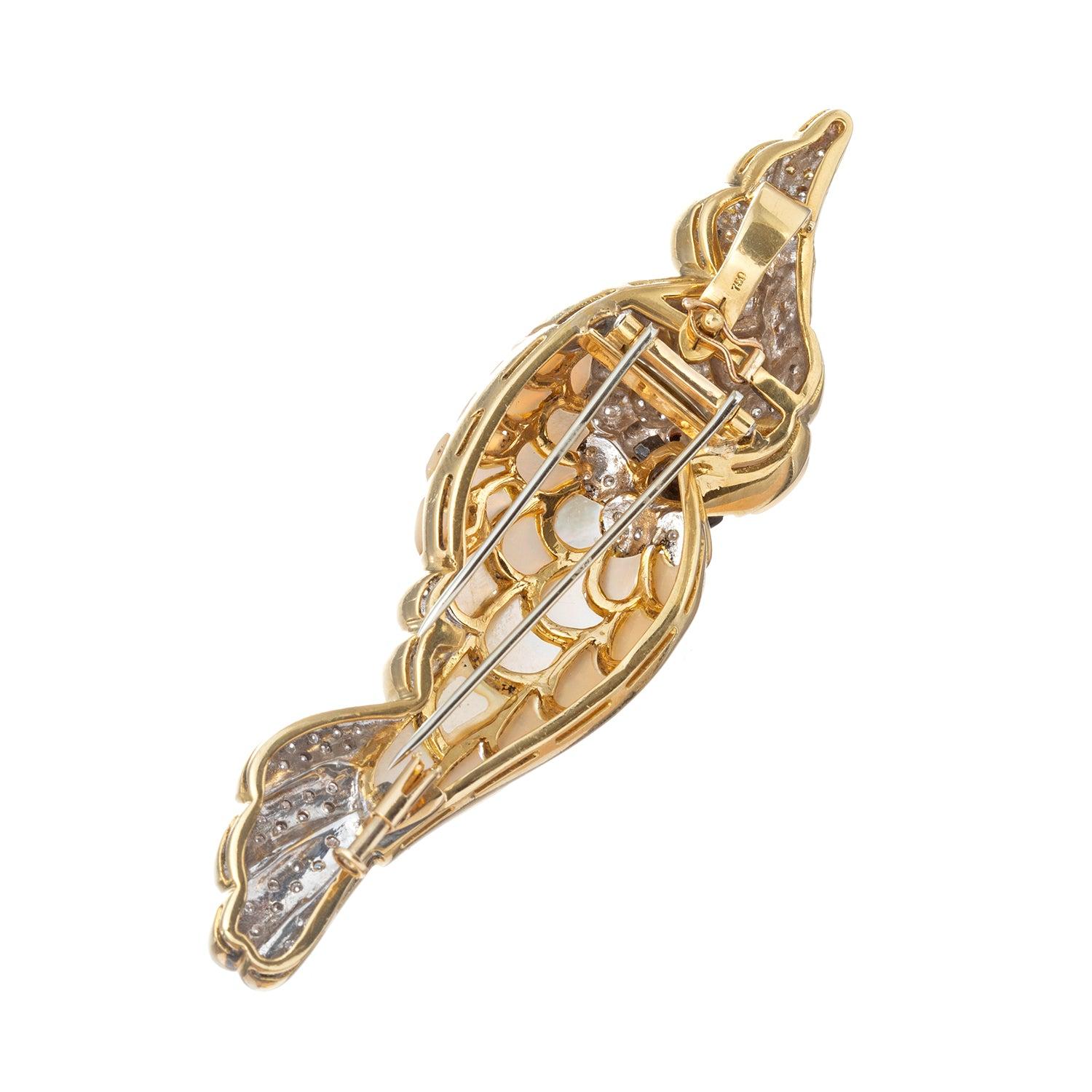 Round Cut 18k Gold Diamond Mother-of-Pearl Cockatoo Pendant Brooch