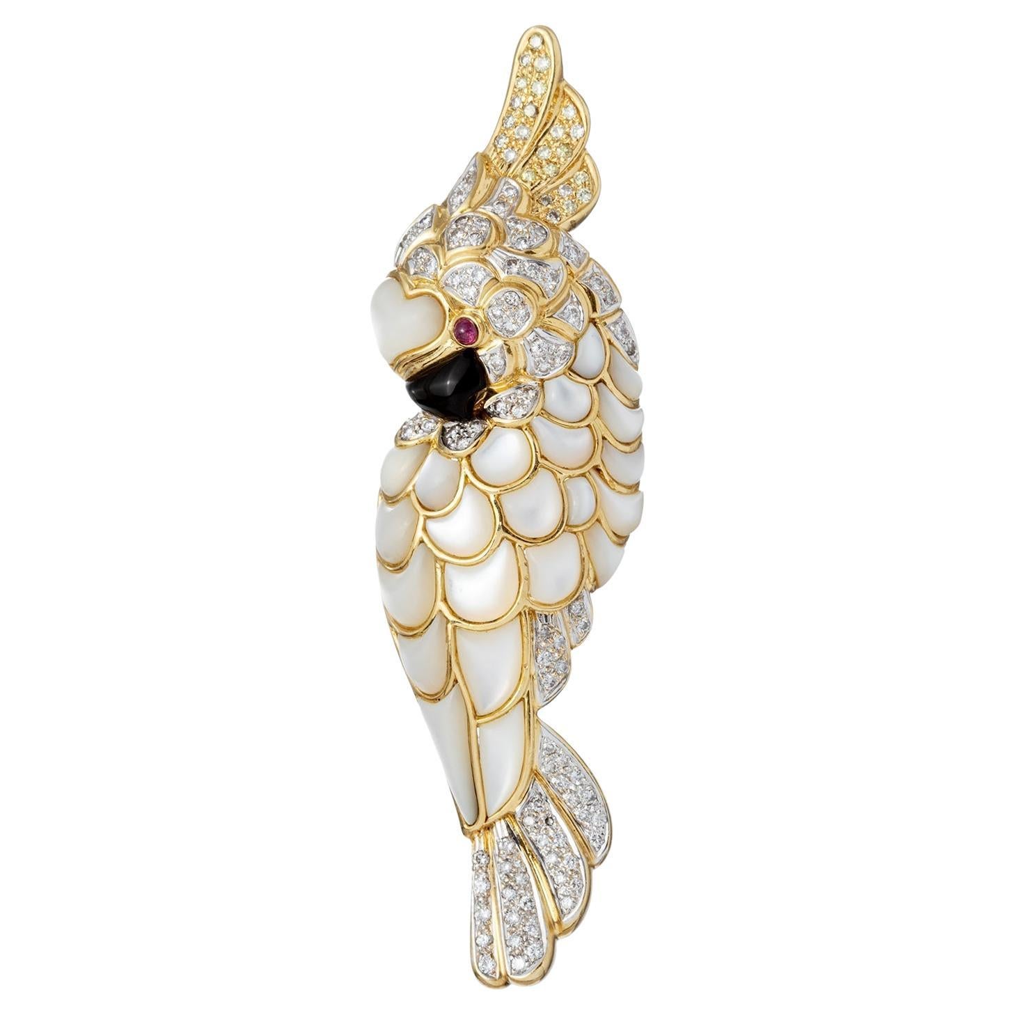 18k Gold Diamond Mother-of-Pearl Cockatoo Pendant Brooch