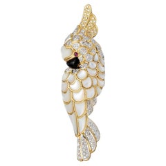 Vintage 18k Gold Diamond Mother-of-Pearl Cockatoo Pendant Brooch