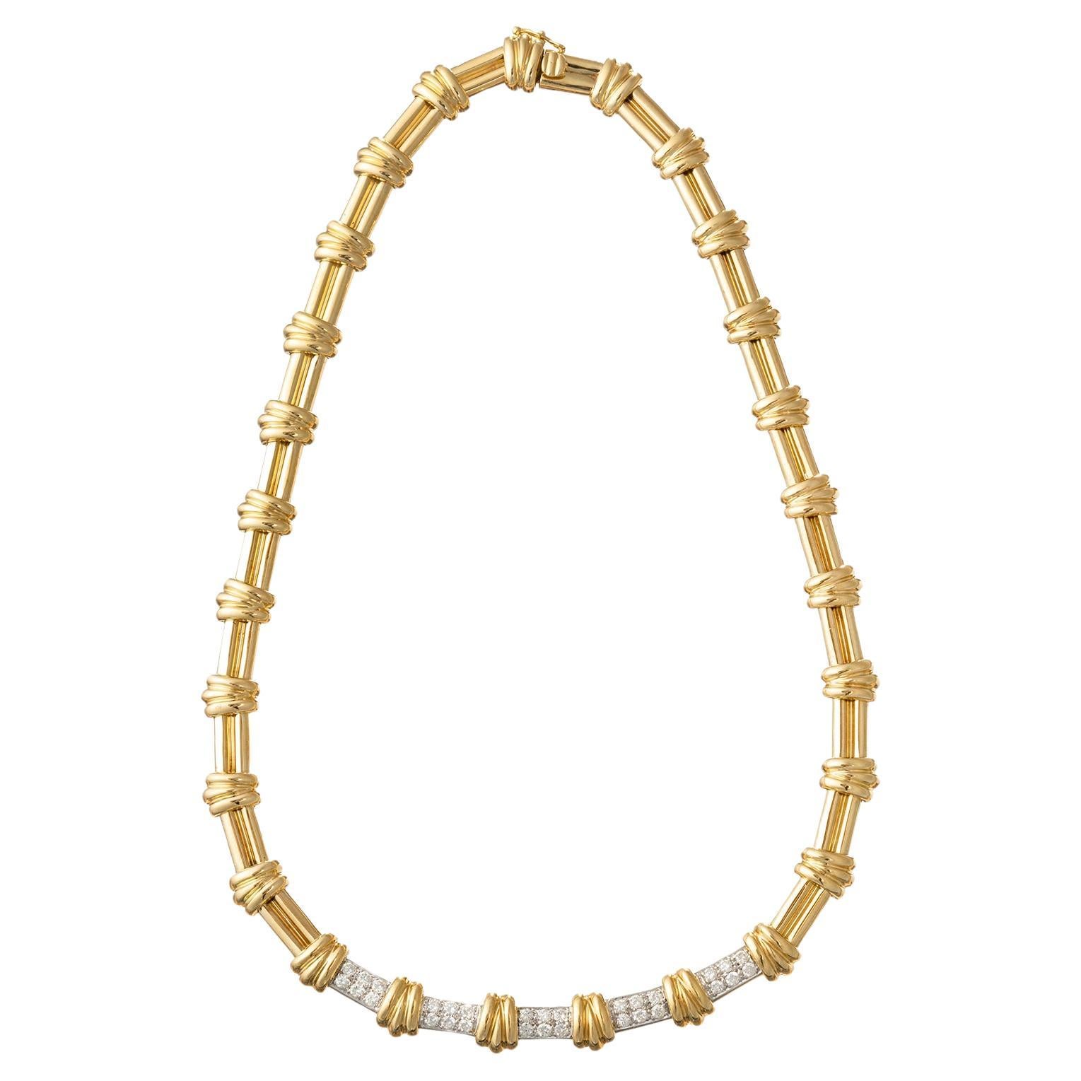 18k Gold Diamond Panel Link Collar Necklace