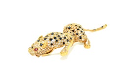 Broche Pantera de Diamantes de Oro de 18 K con Zafiros y Rubíes