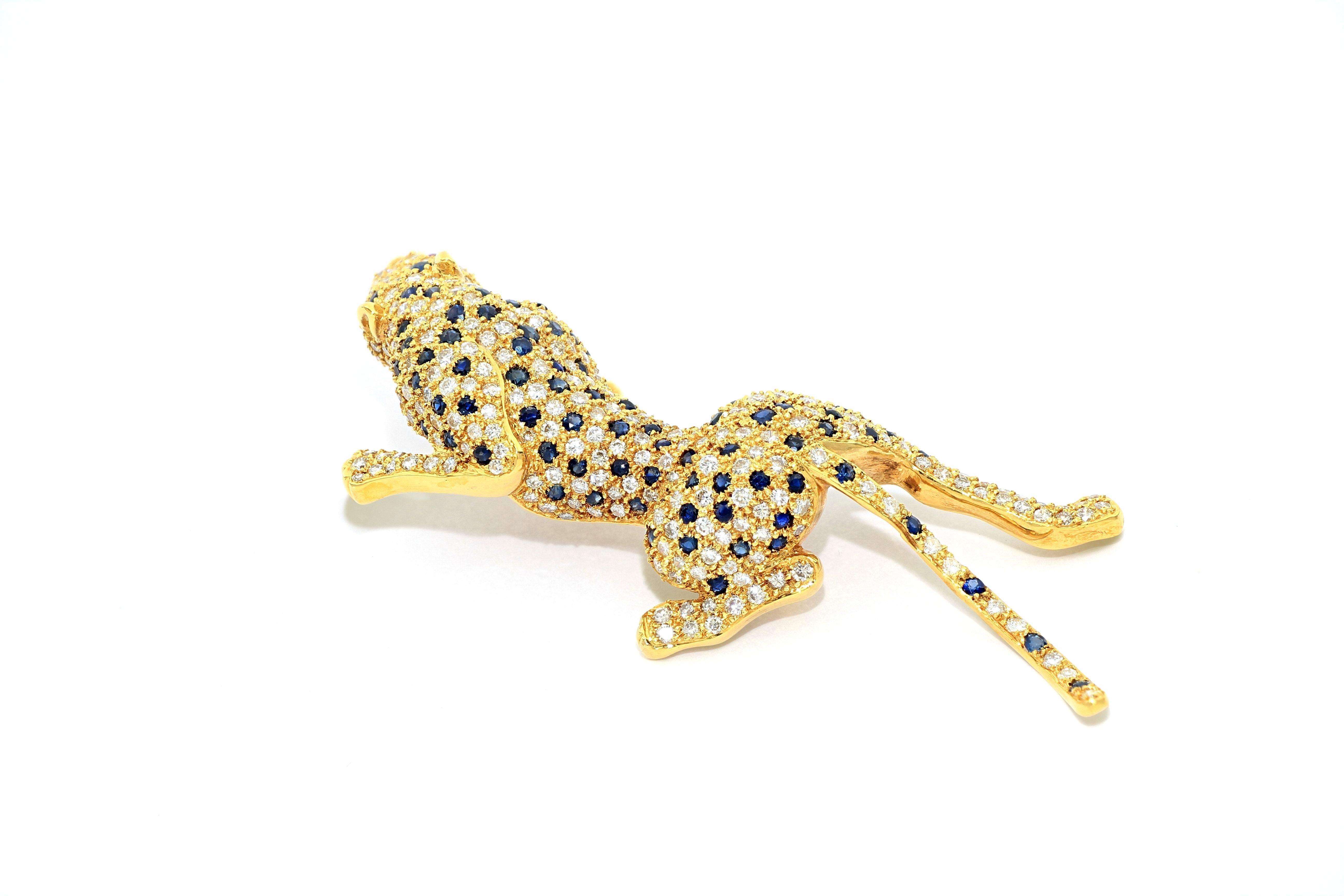 Contemporary 18K Gold Diamond Panther Brooch with Sapphires and Rubies  For Sale