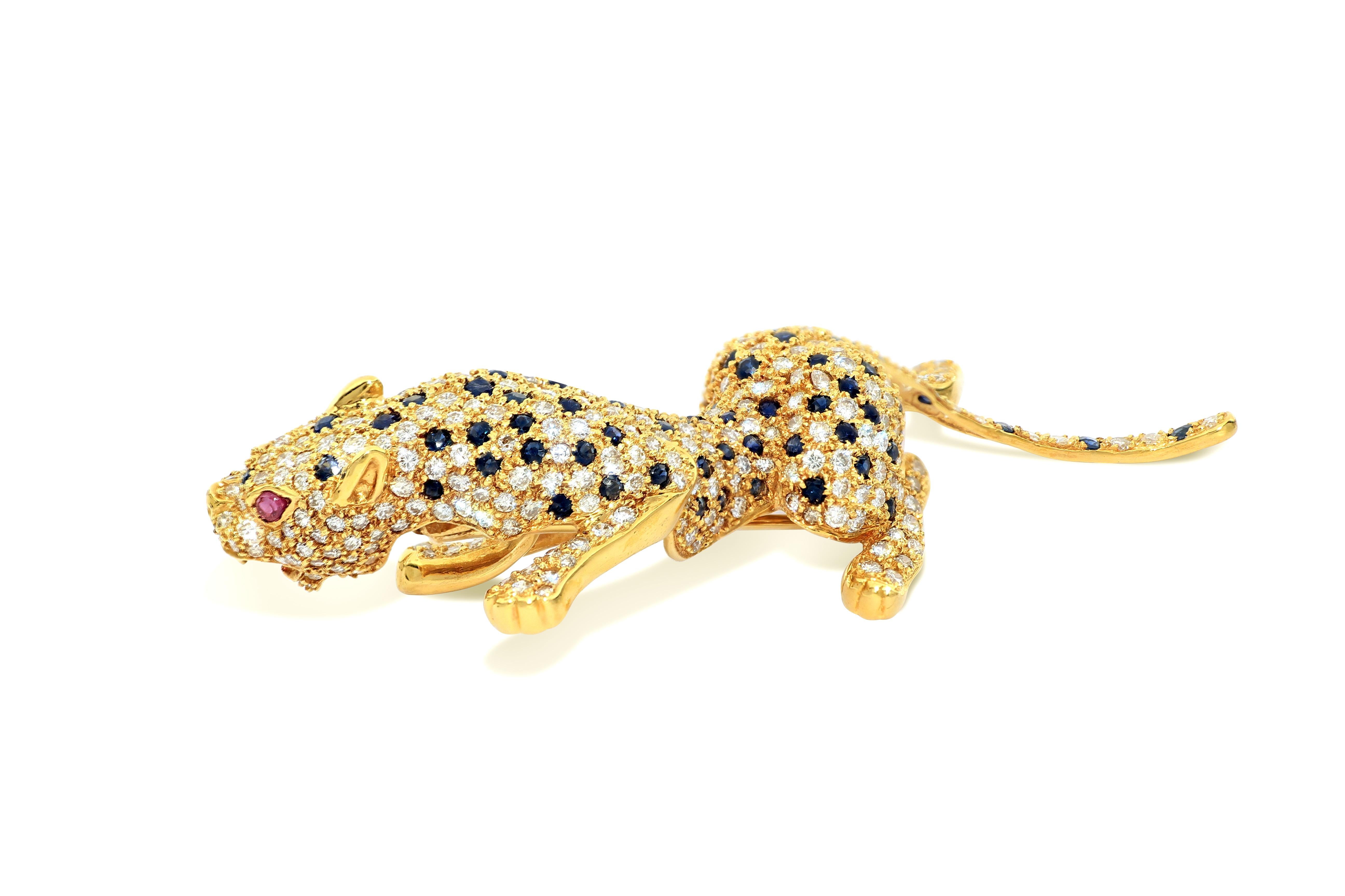 Brilliant Cut 18K Gold Diamond Panther Brooch with Sapphires and Rubies  For Sale