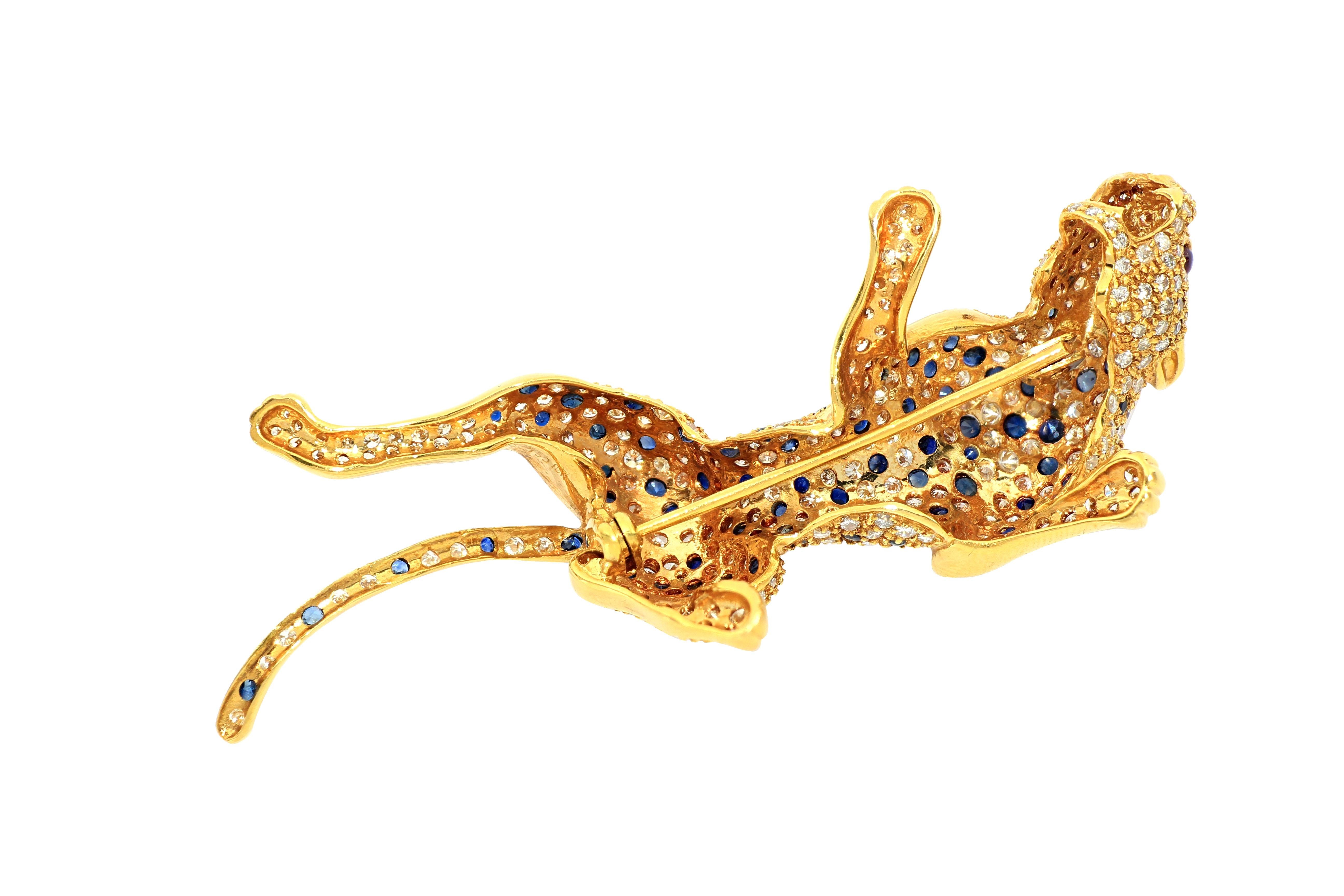 Women's or Men's 18K Gold Diamond Panther Brooch with Sapphires and Rubies  For Sale