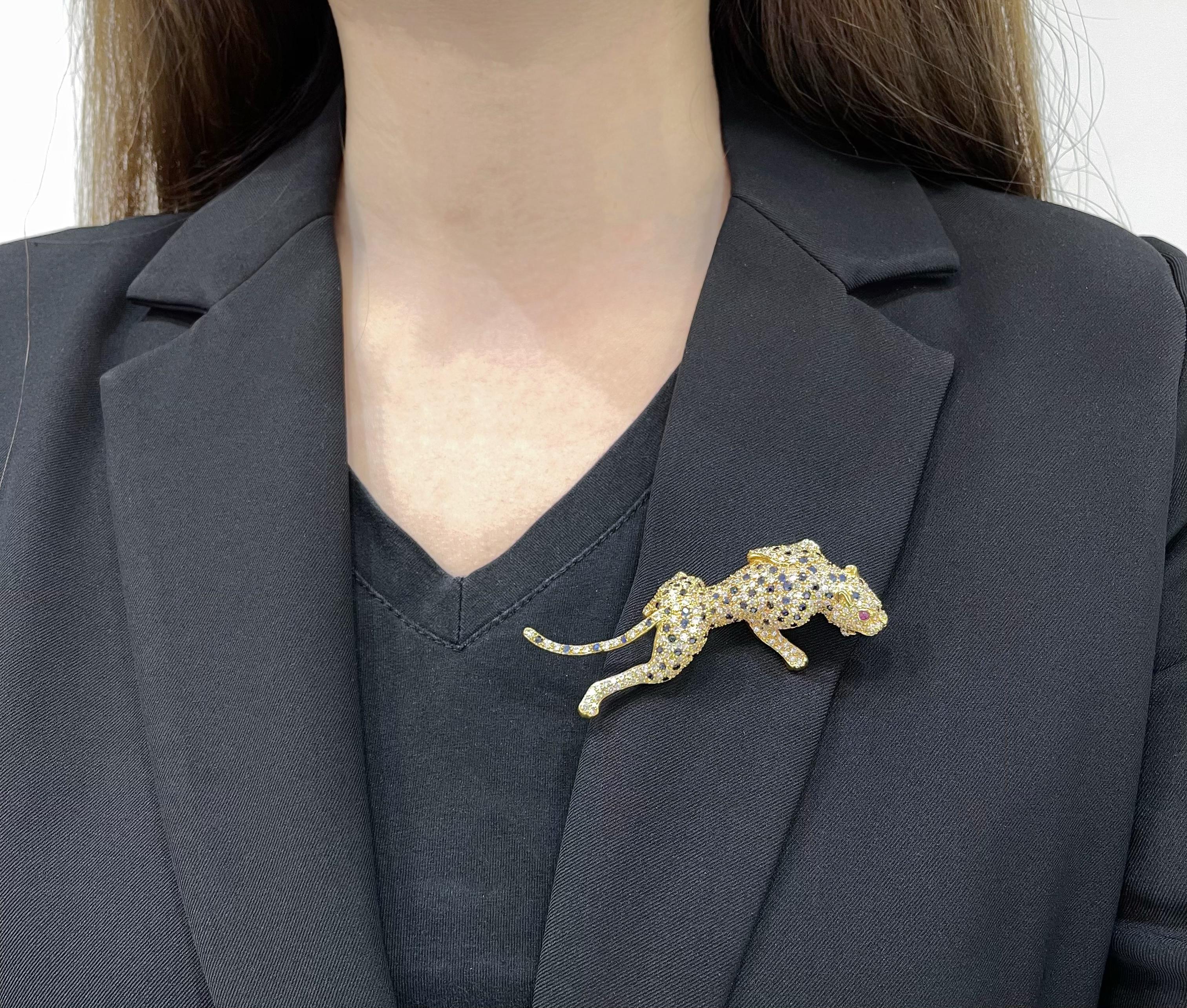 18K Gold Diamond Panther Brooch with Sapphires and Rubies  For Sale 1