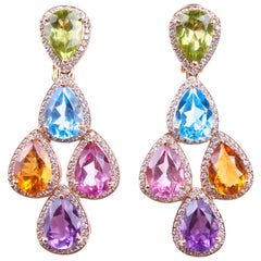 18k Gold Diamond Peridot, Blue and Pink Topaz, Amethyst and Citrine Earrings