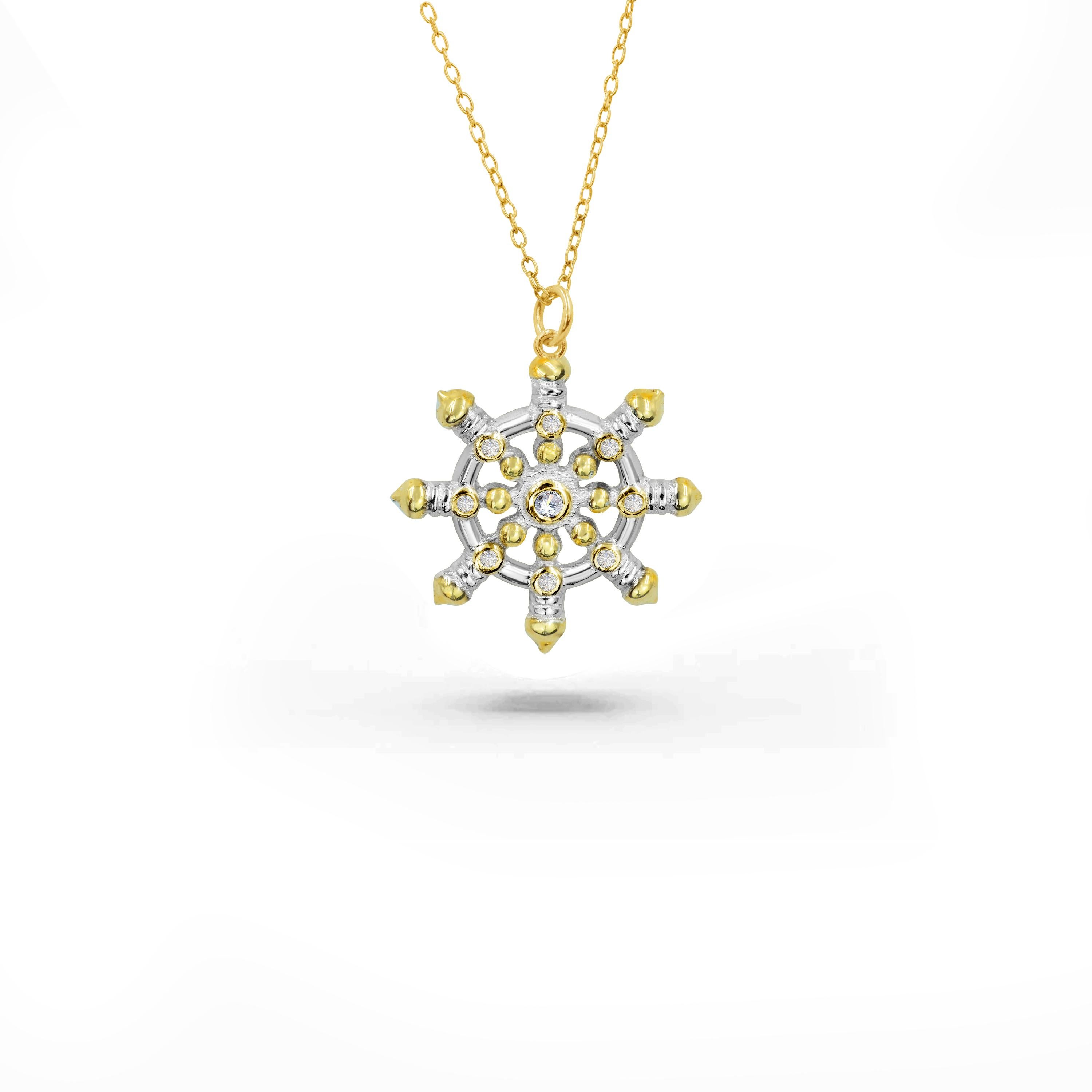 The handcrafted diamond Dharma wheel necklace is perfect everyday wear to bring inner peace and spirituality. We guarantee top-notch quality with 0.05 carat of diamonds beautifully set into this necklace. This Buddhism necklace can be customized on