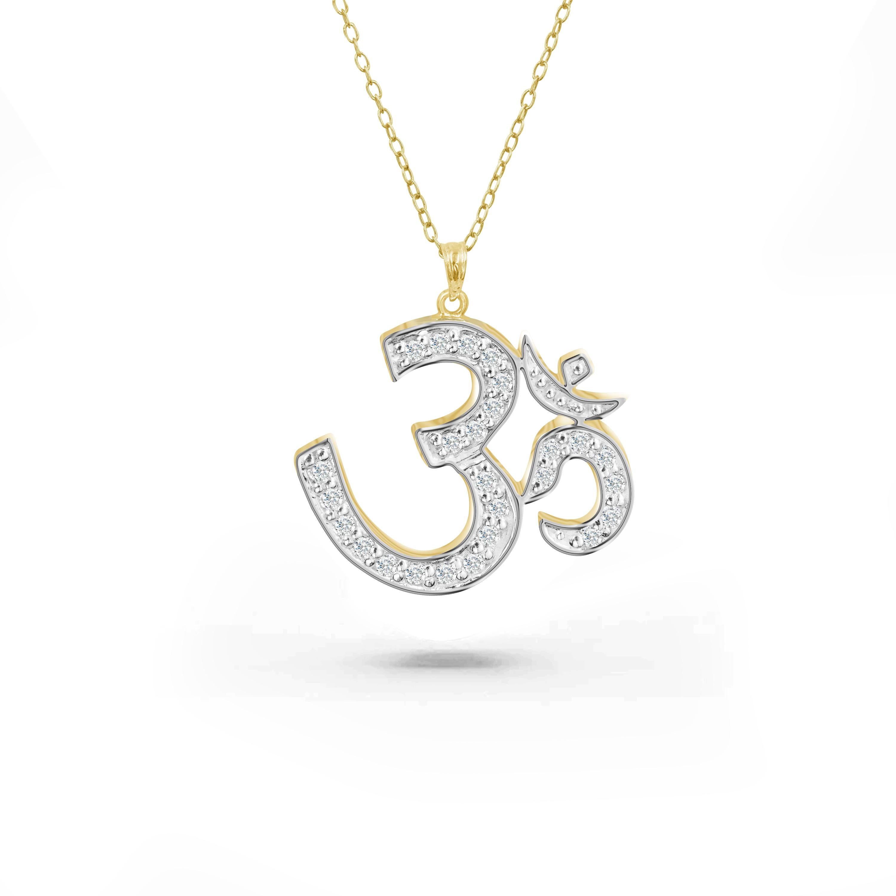 The handcrafted OM diamond necklace is perfect everyday wear to bring inner peace and spirituality. This beautiful Hindu religious OM necklace is one of a kind necklace made in Thailand. This Hindu necklace can be customized to your choice of gold