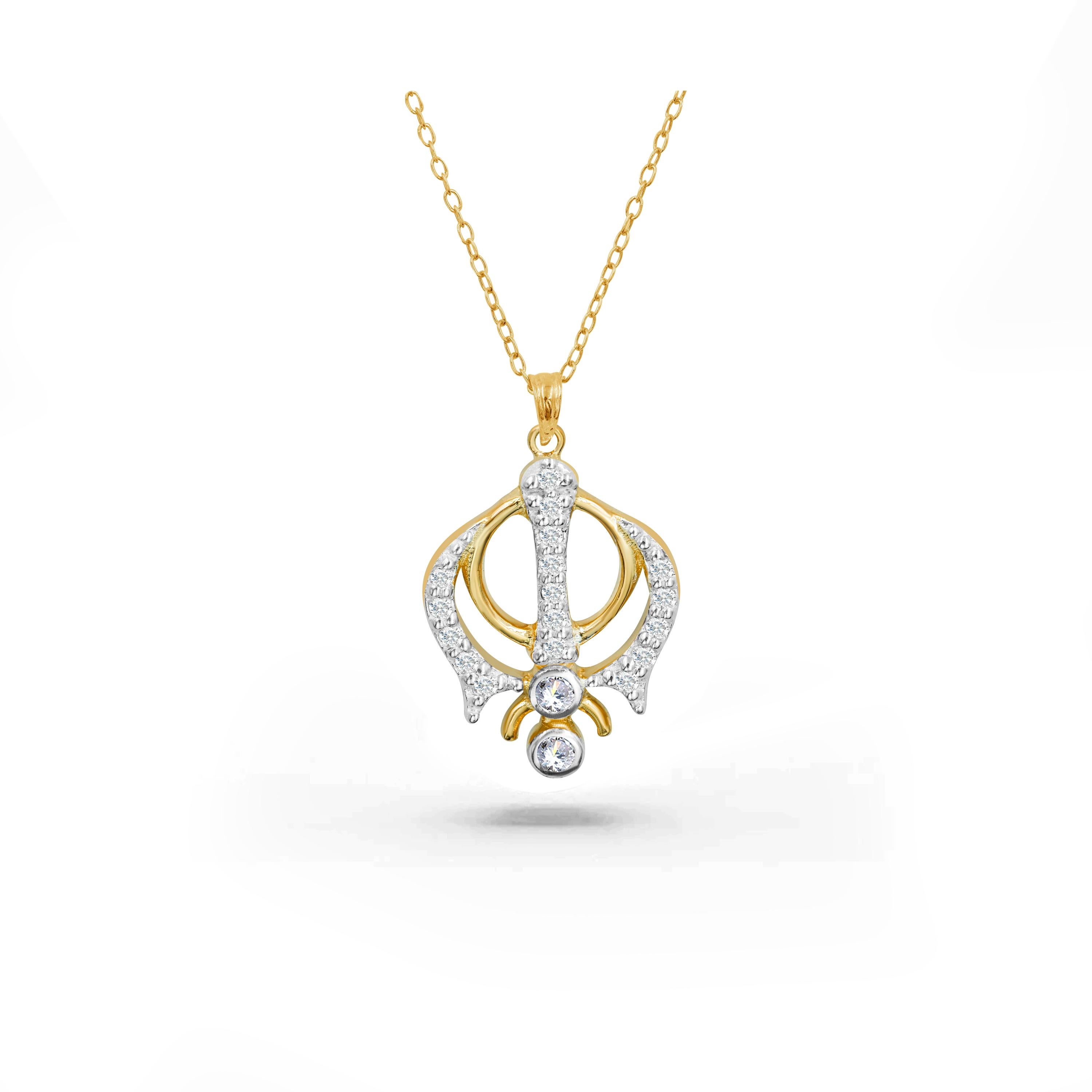 The handcrafted Khanda diamond necklace is perfect everyday wear to bring inner peace and spirituality. This beautiful sikhism religious necklace is a statement piece. This sikh necklace can be customized in the gold color and karat of your choice.