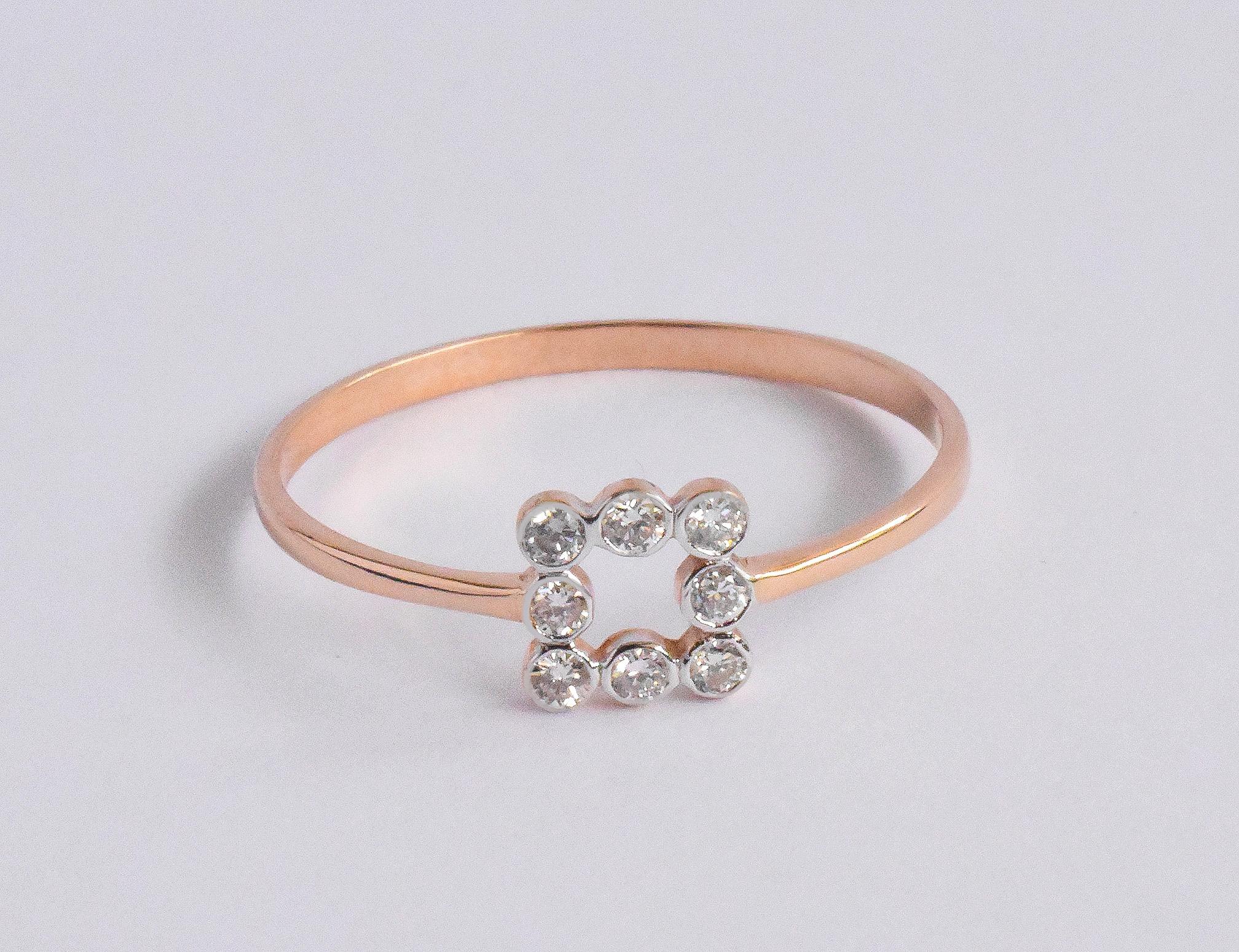 For Sale:  18k Gold Diamond Ring Bezel Set Diamond Band Ring Square Ring 4