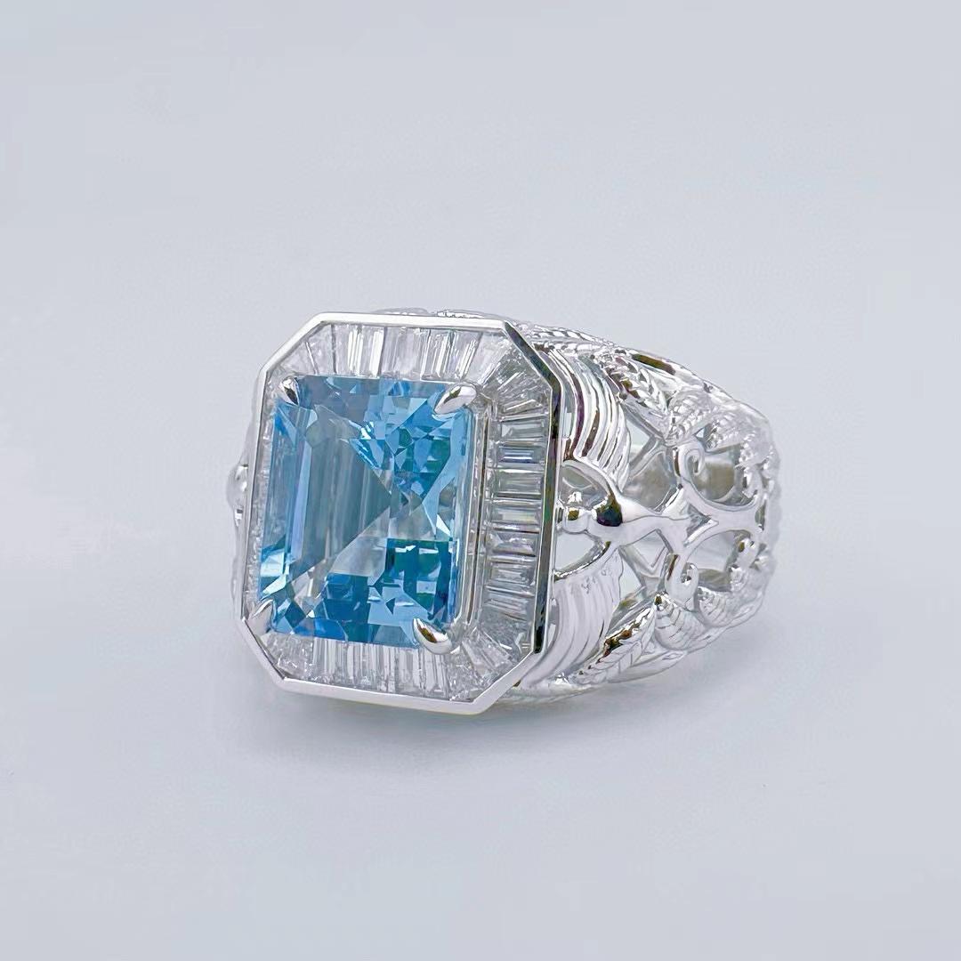 Anillo de diamantes de oro de 18 quilates con aguamarina Super Santa María certificada por el Gremio de 3,20 quilates Moderno en venta