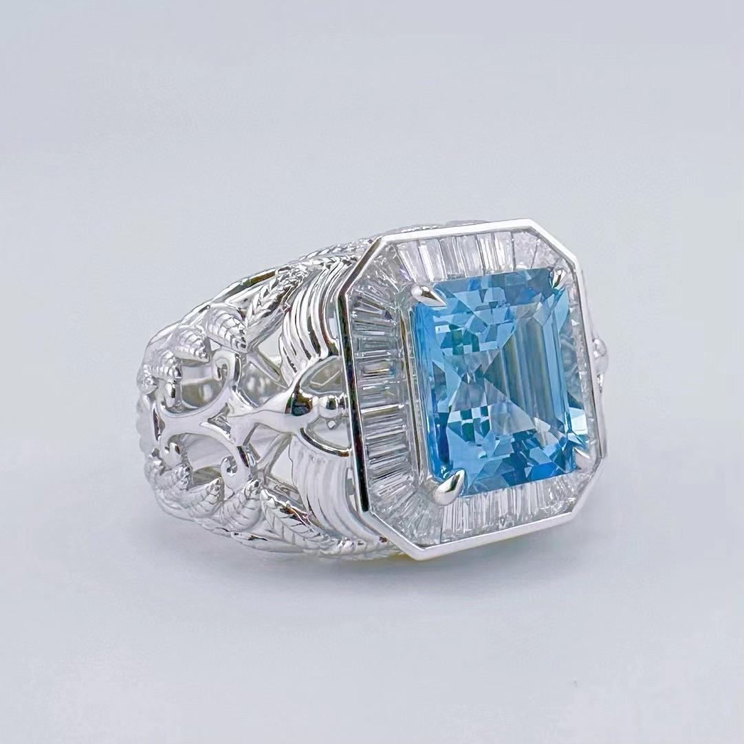 Anillo de diamantes de oro de 18 quilates con aguamarina Super Santa María certificada por el Gremio de 3,20 quilates Corte Asscher en venta