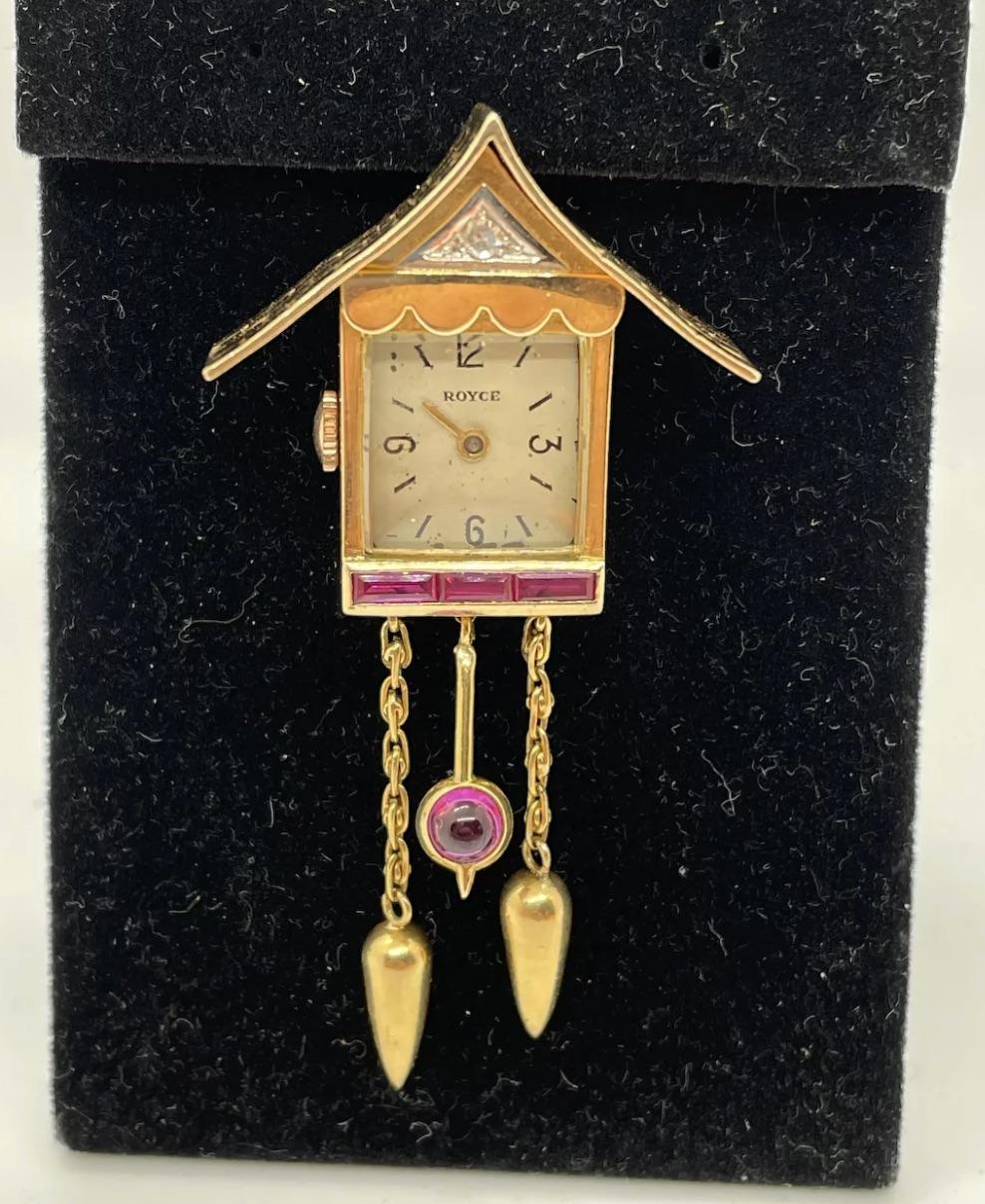 18k Gold Diamond Royce Watch Pin Cuckoo Pagoda

Consistent with age and use please see the photos for condition
Please ask for more photos if you need we will send them with in 24-48 hours

Due to the item's age do not expect items to be in perfect