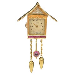Antique 18k Gold Diamond Royce Watch Pin Cuckoo Pagoda