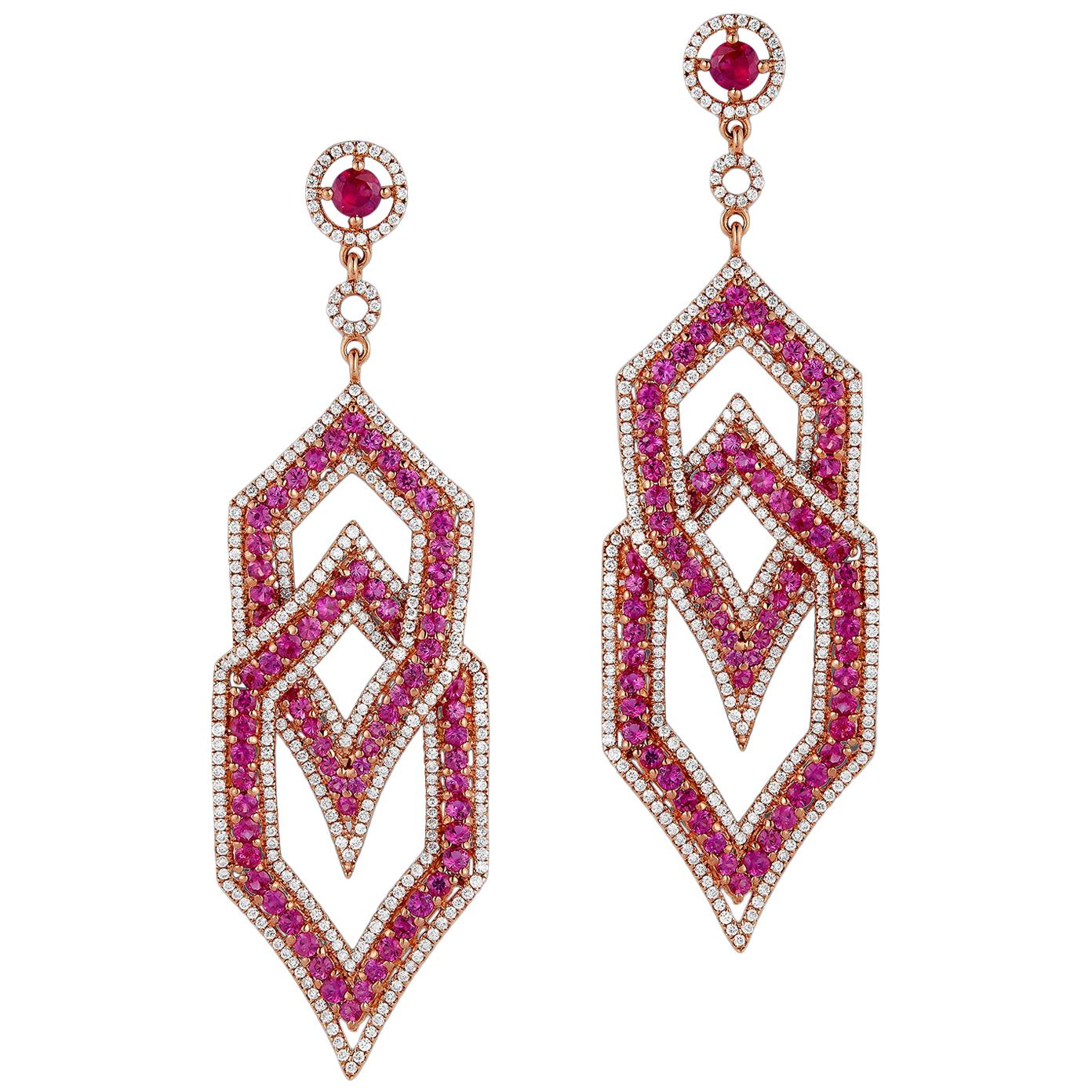 18K Gold Diamond, Ruby and Red Sapphire Earrings, Total weight stones 8.68 Carat
