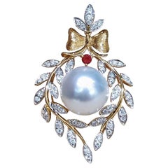 【Vine Symphony】Victorian Wreath Aurora South Sea Pearl Ruby Diamond Pendant