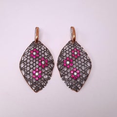 18K Gold Diamond Ruby Dangling Earrings