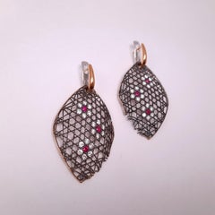 18K Gold Diamond Ruby Dangling Earrings