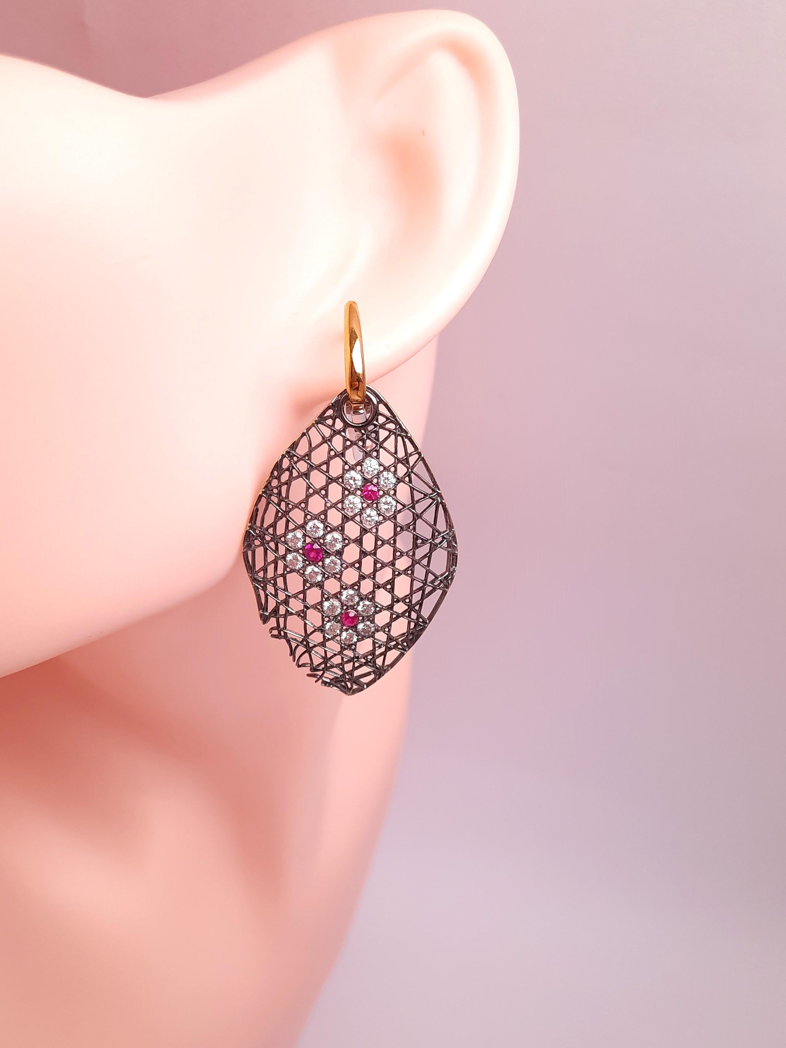 Women's or Men's 18K Gold Diamond Ruby Dangling Earrings For Sale