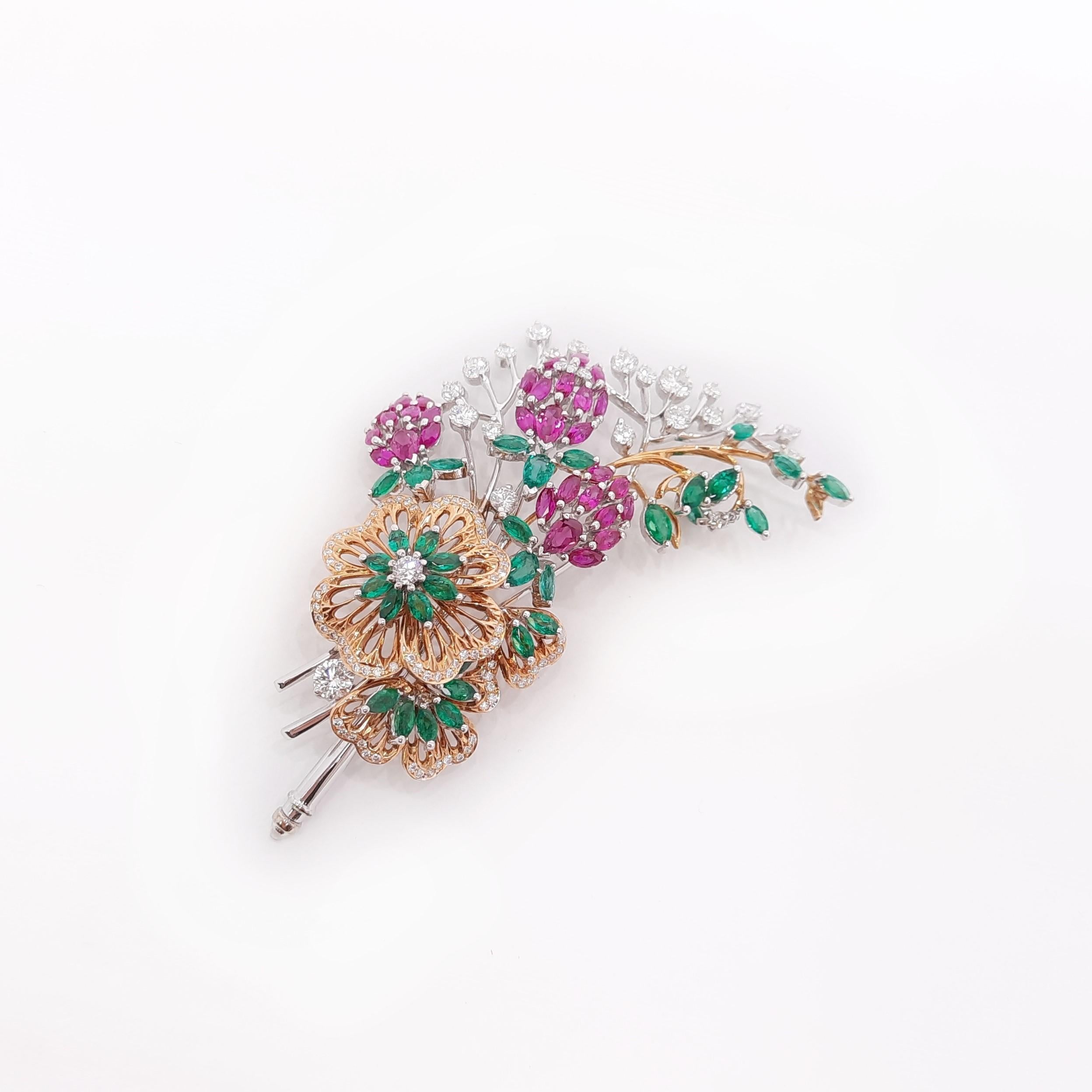 18K Gold Diamond Ruby Emerald Flower Bouquet Brooch, Handmade For Sale ...