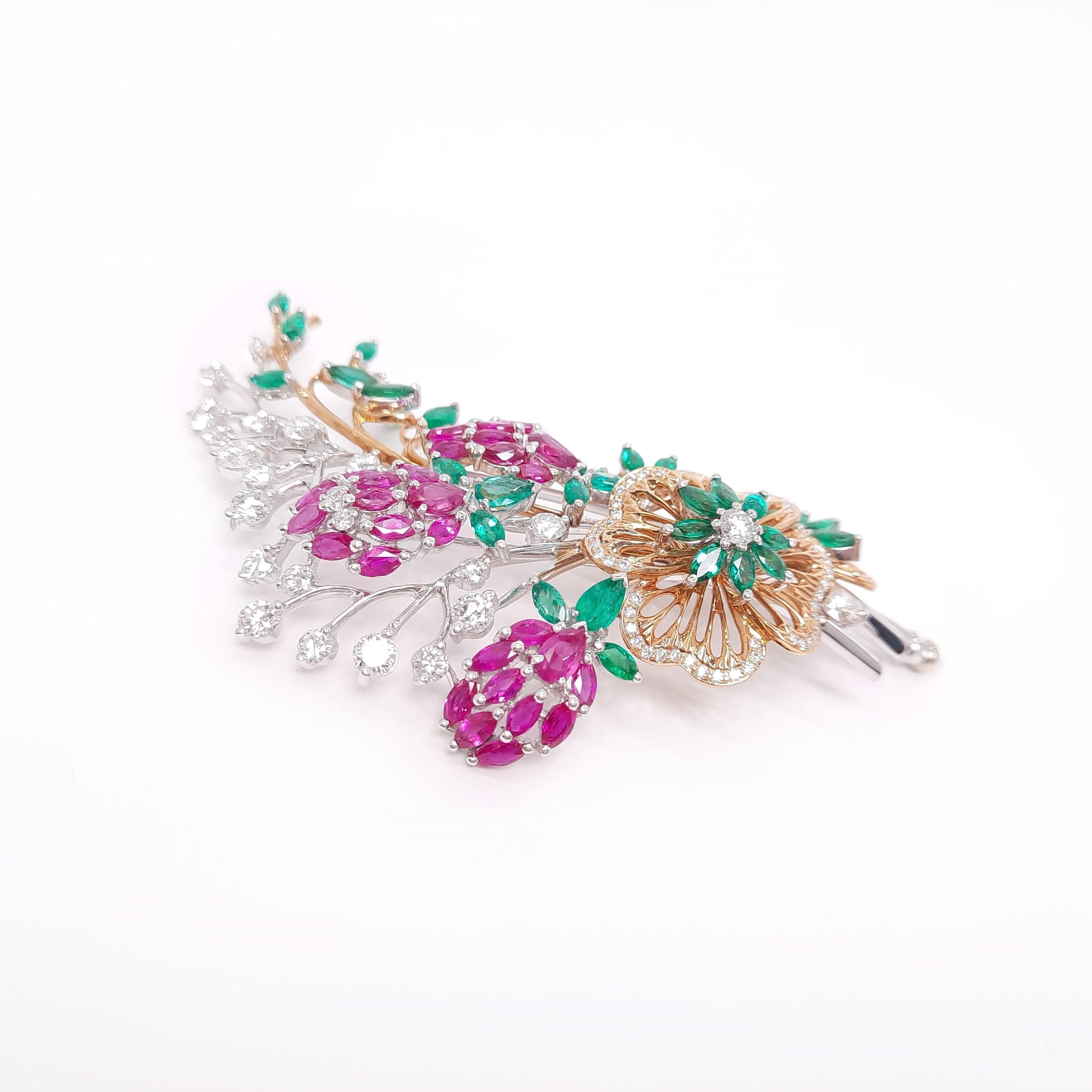 Contemporary 18K Gold Diamond Ruby Emerald Flower Bouquet Brooch, Handmade For Sale