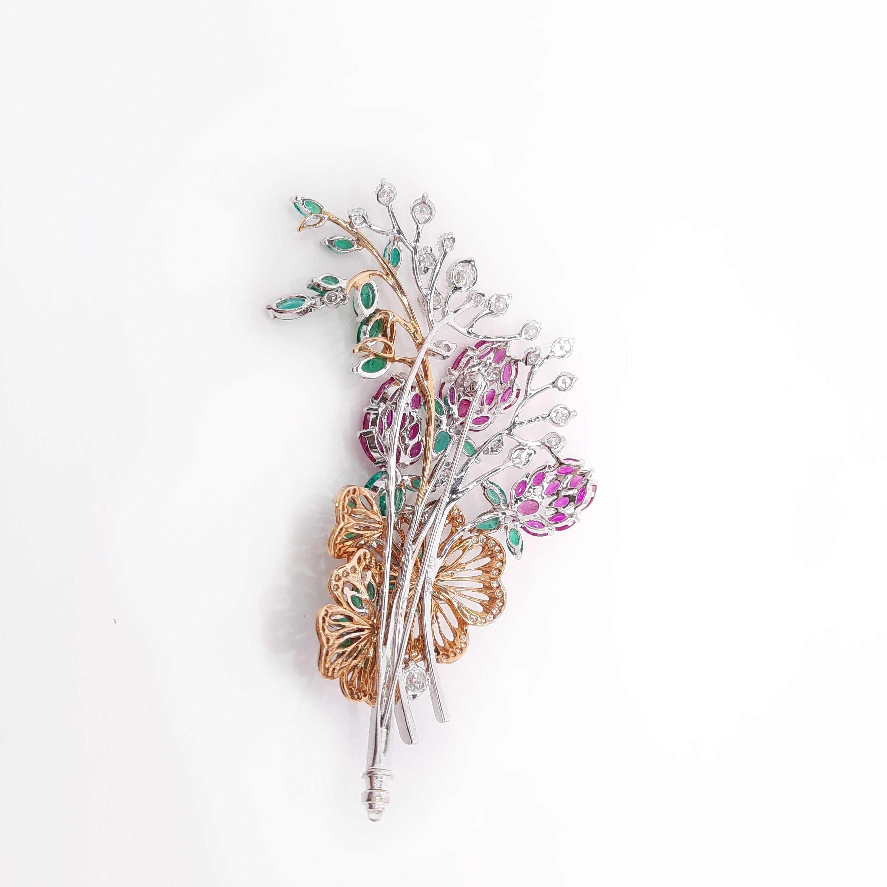 Marquise Cut 18K Gold Diamond Ruby Emerald Flower Bouquet Brooch, Handmade For Sale
