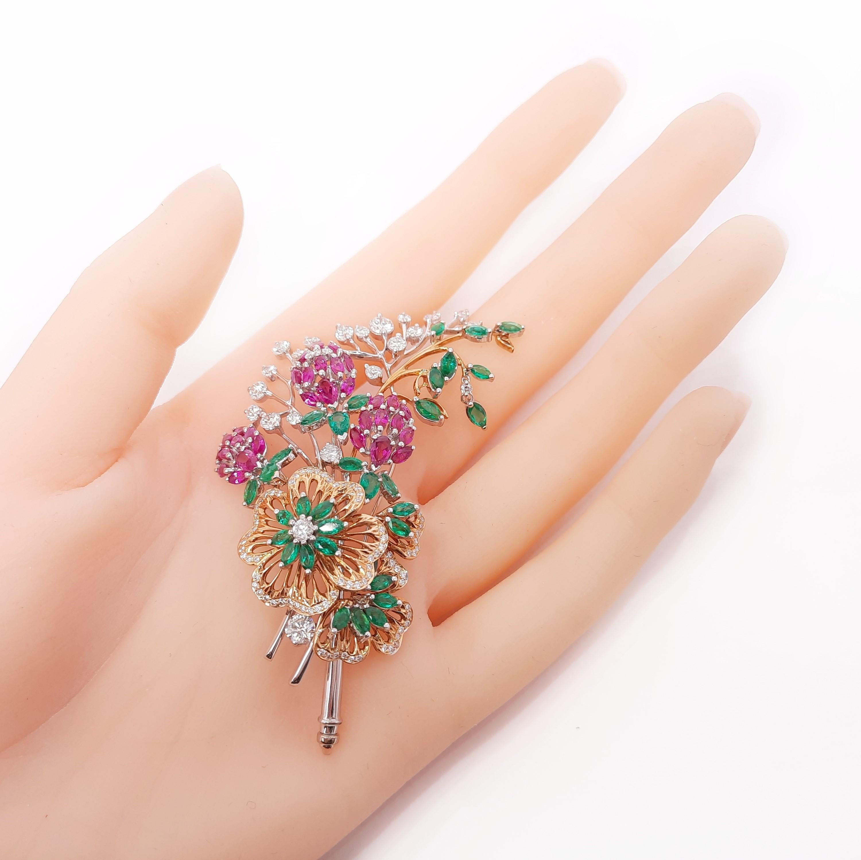 18K Gold Diamond Ruby Emerald Flower Bouquet Brooch, Handmade In Excellent Condition For Sale In Hong Kong, HK