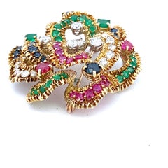 18K Gold Diamond Ruby Emerald Sapphire Floral Brooch