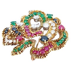 18K Gold Diamond Ruby Emerald Sapphire Floral Brooch
