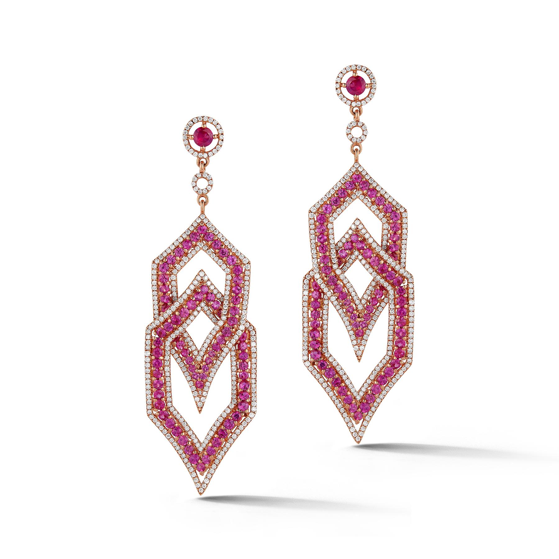Beautiful, eye-catching 18K Yellow Gold Dangling Hexagon-type shaped Earrings with 2 Rubies, total weight .76 Cts., 144 Red Sapphires, total weight 5.04 Cts., & 556 diamonds, total weight 2.88 Cts.