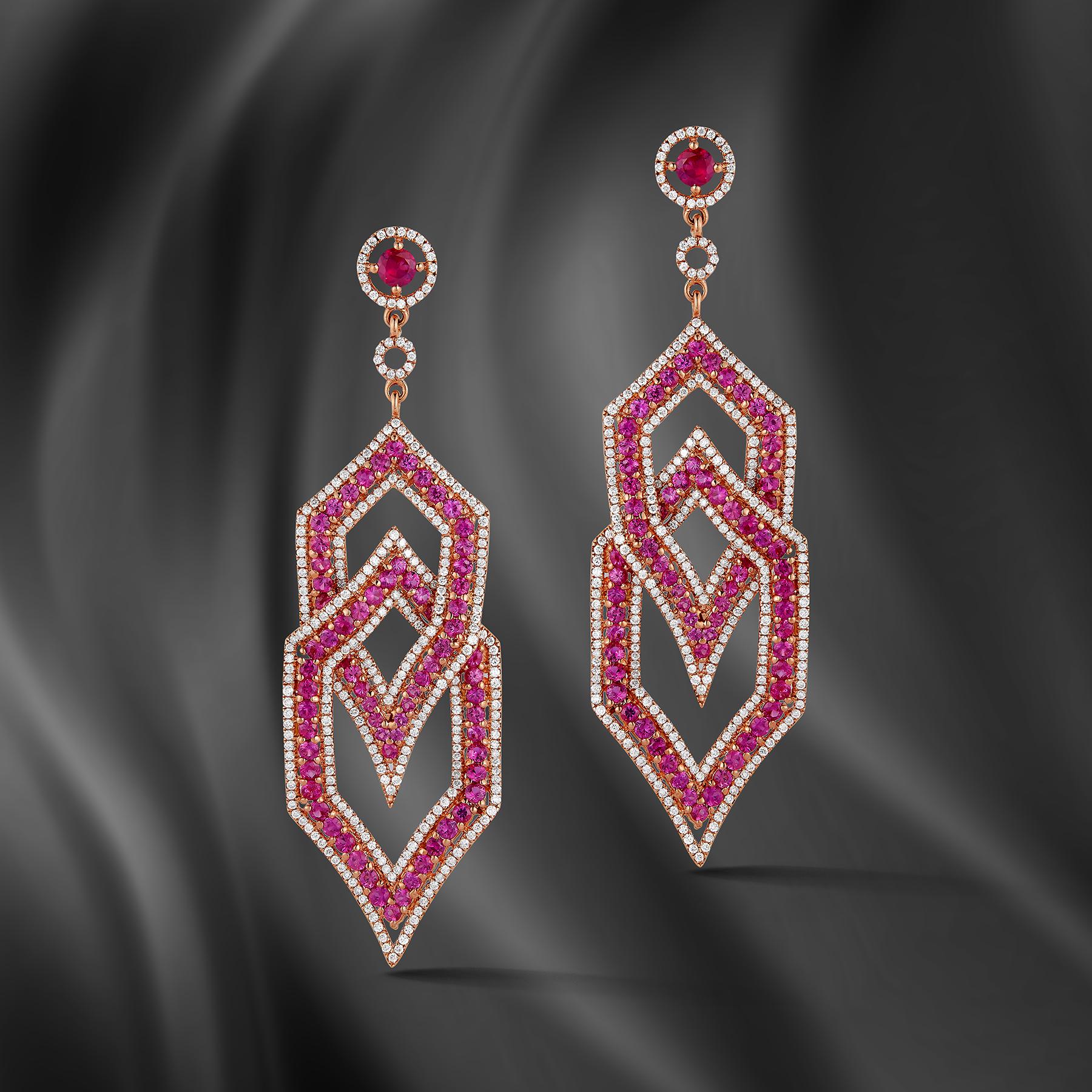 Modern 18K Gold Diamond, Ruby and Red Sapphire Earrings, Total weight stones 8.68 Carat For Sale