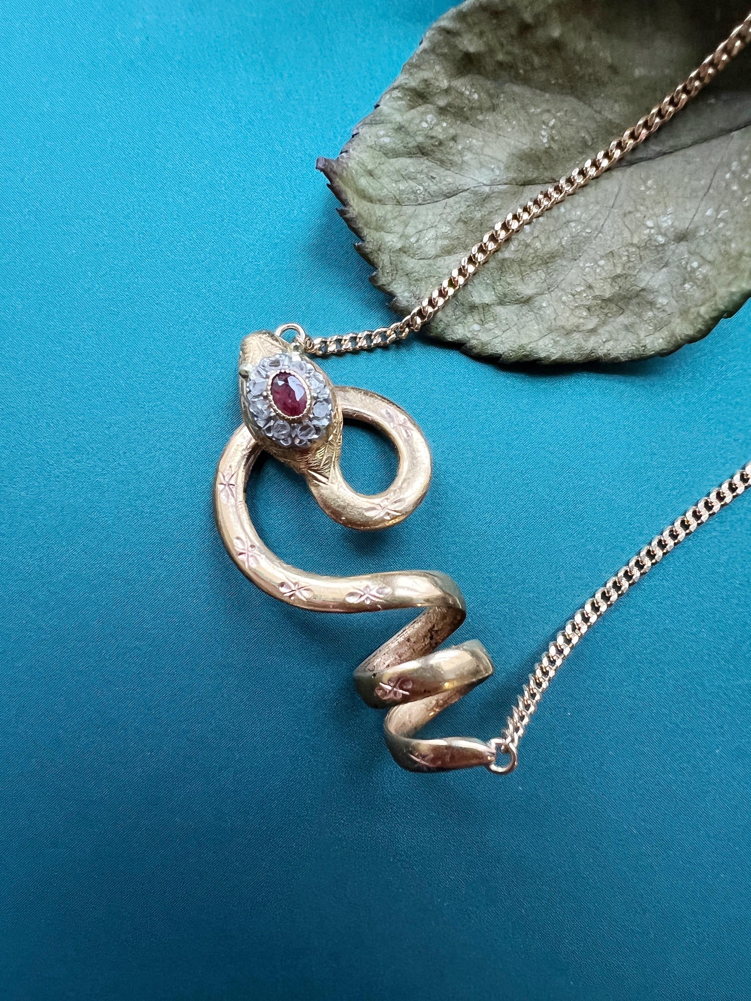 Rose Cut 18K Gold Diamond Ruby Twisted Snake Necklace